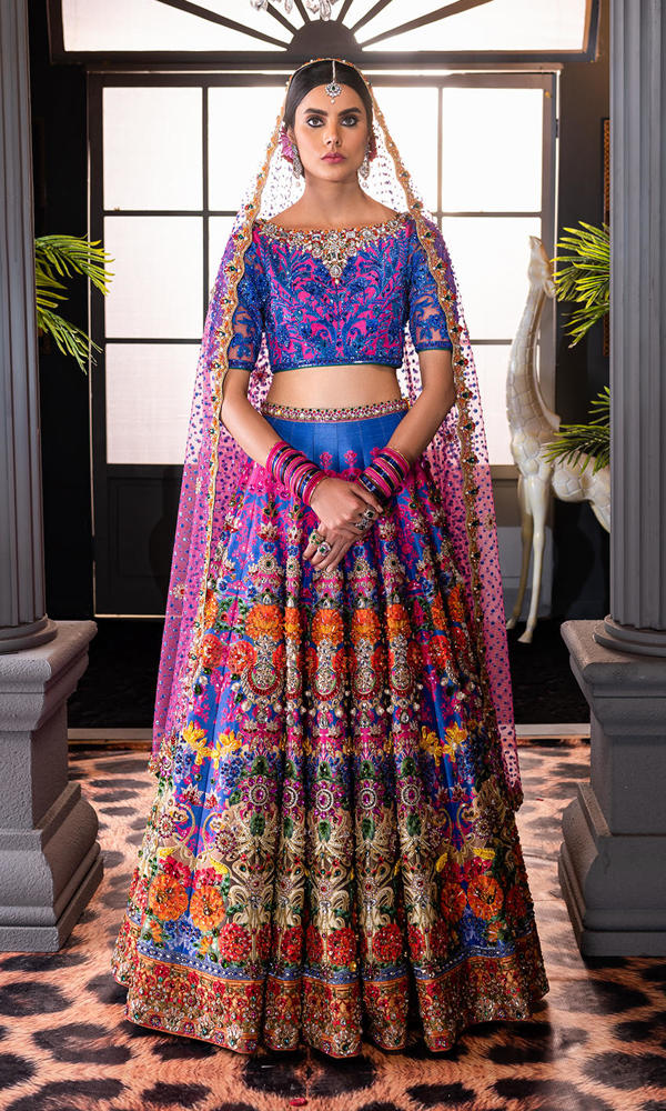 Pakistani Pink and Purple Embroidered Silk Lehenga Choli (3-Piece) - Image 2