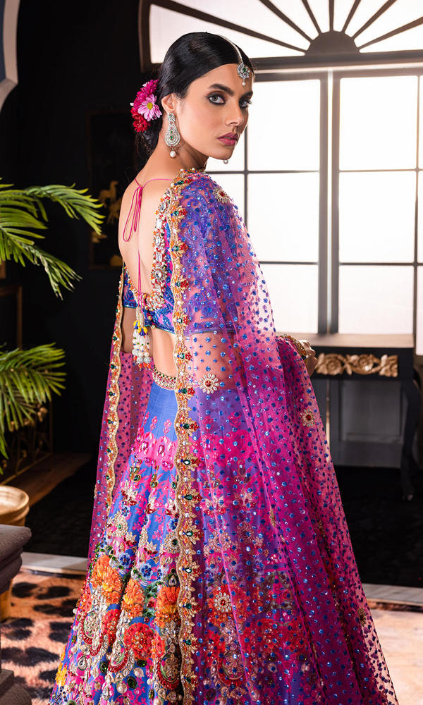 Pakistani Pink and Purple Embroidered Silk Lehenga Choli (3-Piece) - Image 3