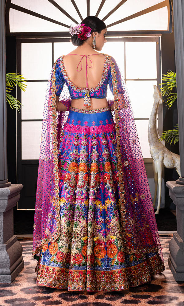 Pakistani Pink and Purple Embroidered Silk Lehenga Choli (3-Piece) - Image 4