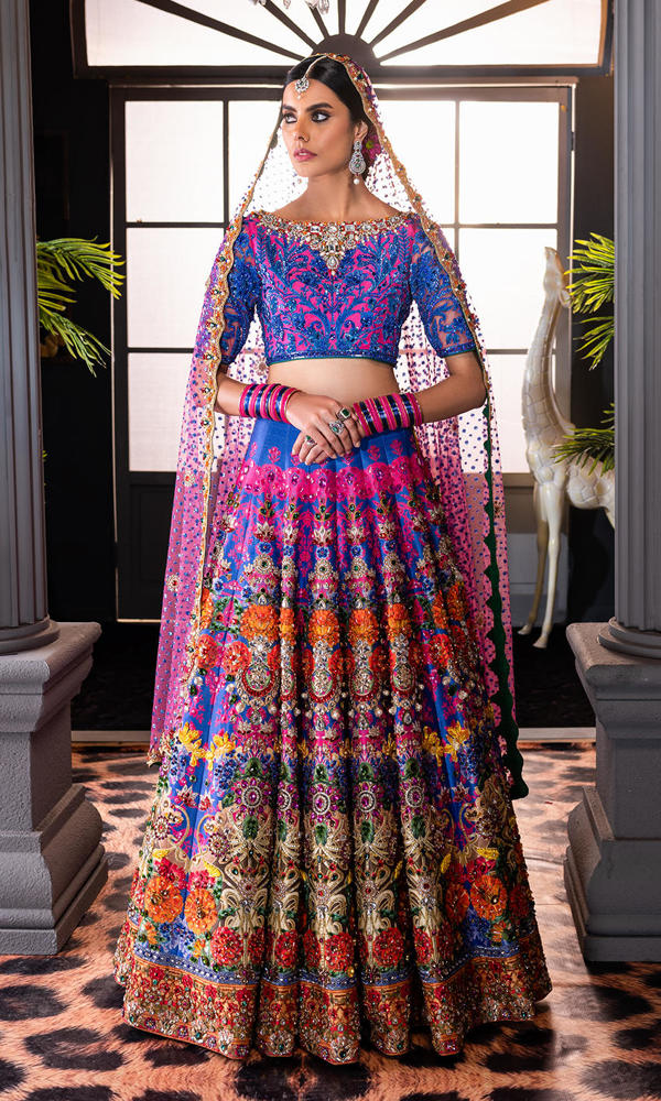 Pakistani Pink and Purple Embroidered Silk Lehenga Choli (3-Piece) - Image 5