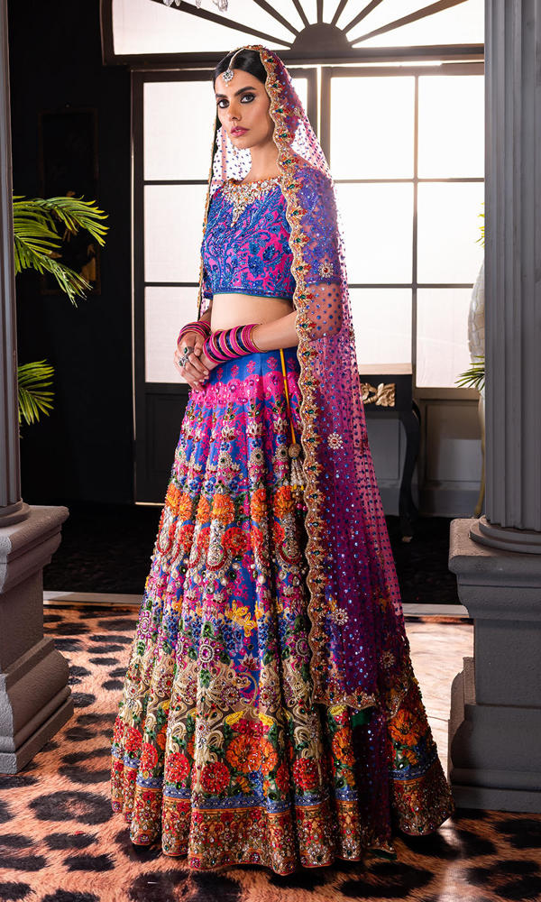 Pakistani Pink and Purple Embroidered Silk Lehenga Choli (3-Piece) - Image 6