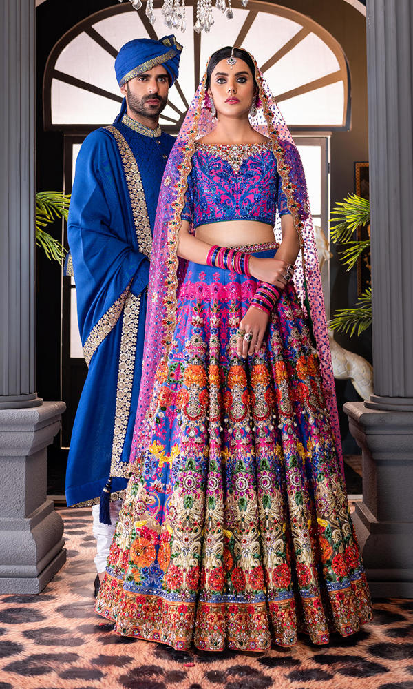 Pakistani Pink and Purple Embroidered Silk Lehenga Choli (3-Piece) - Image 7