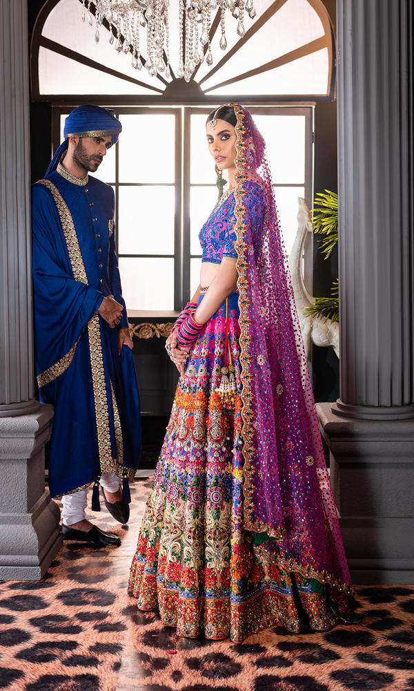 Pakistani Pink and Purple Embroidered Silk Lehenga Choli (3-Piece) - Image 8