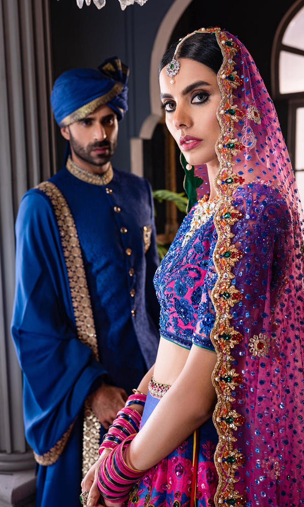 Pakistani Pink and Purple Embroidered Silk Lehenga Choli (3-Piece) - Image 9