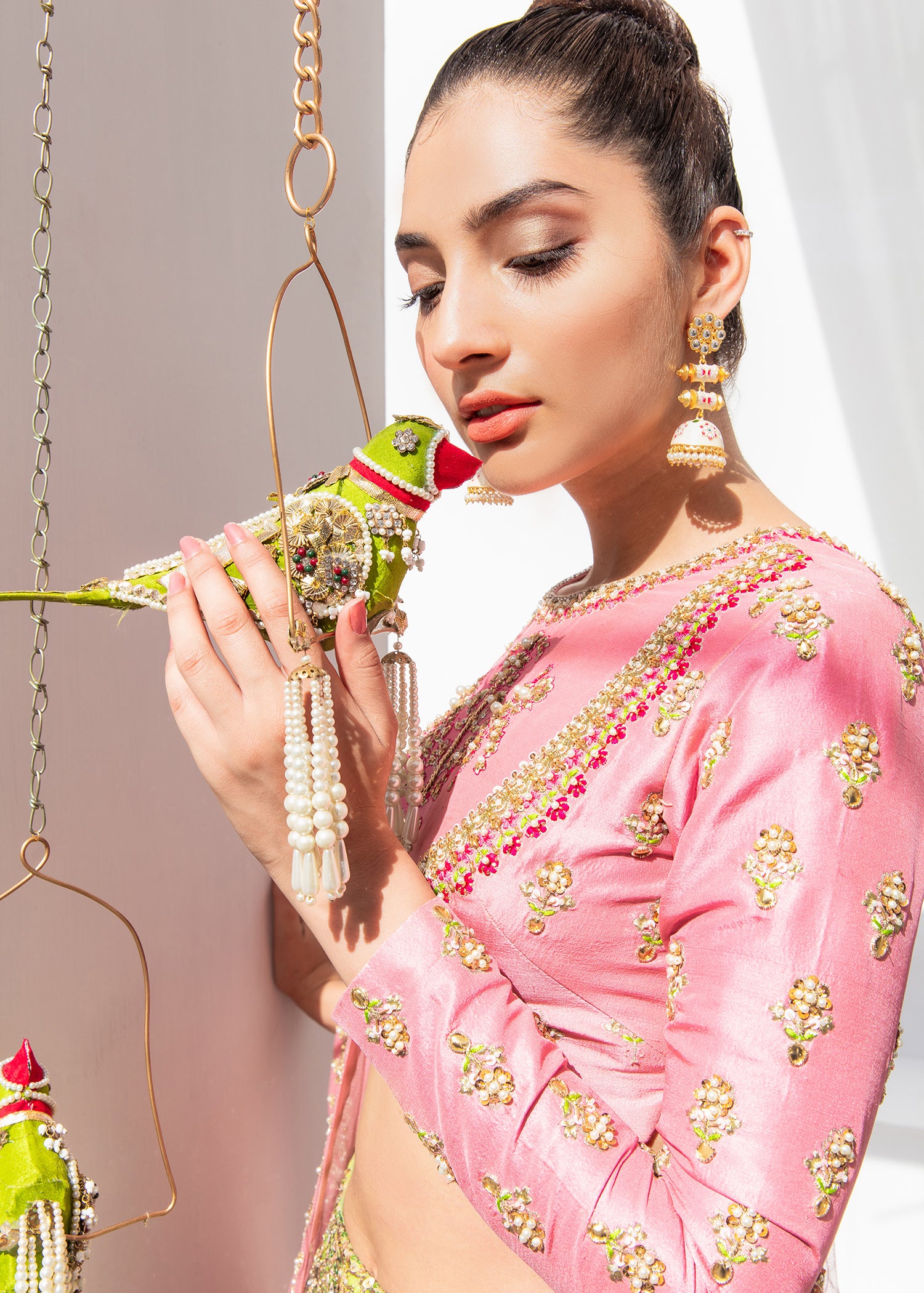 Pakistani Blush Pink Sequin Silk Lehenga Set (3-Piece) - Image 2