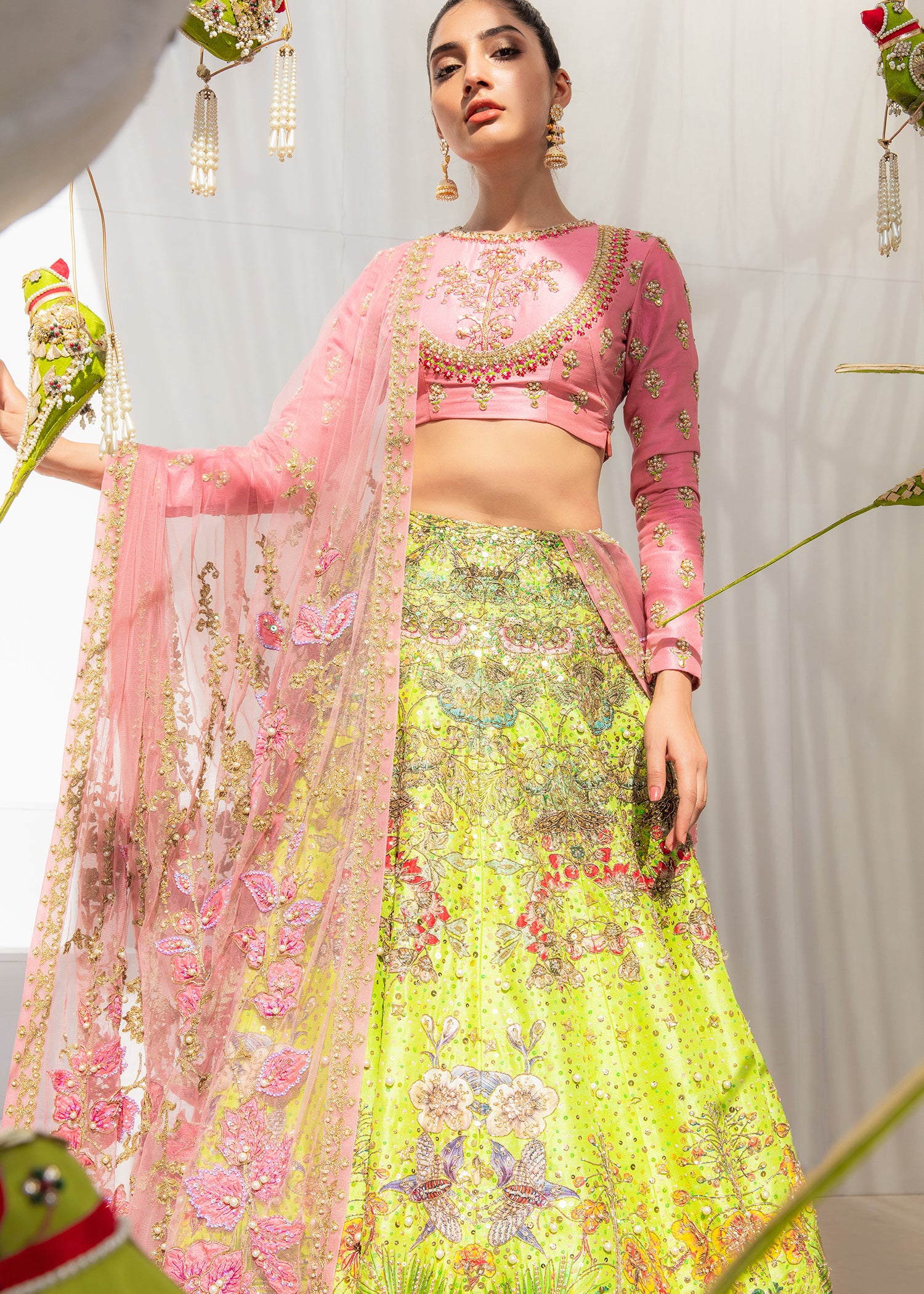 Pakistani Blush Pink Sequin Silk Lehenga Set (3-Piece) - Image 3