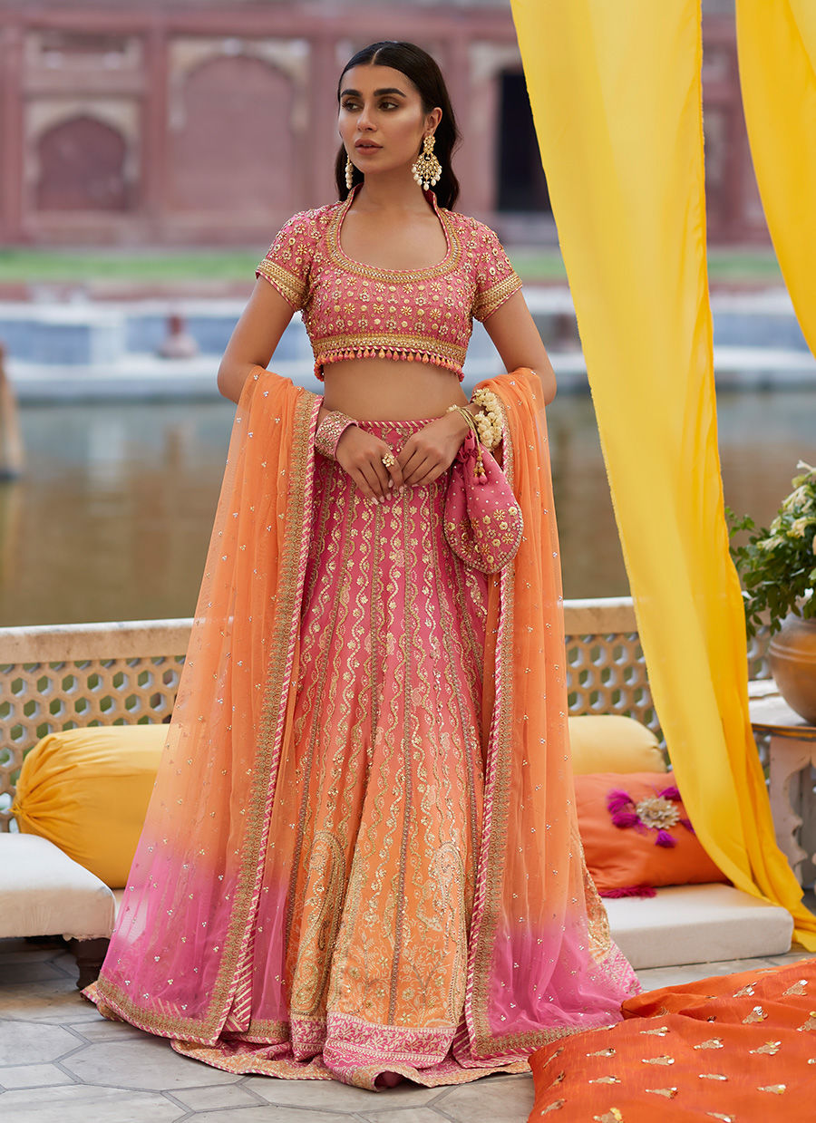 Ombre Pink Zardozi Pure Silk Lehenga Choli (3-Piece) - Image 1
