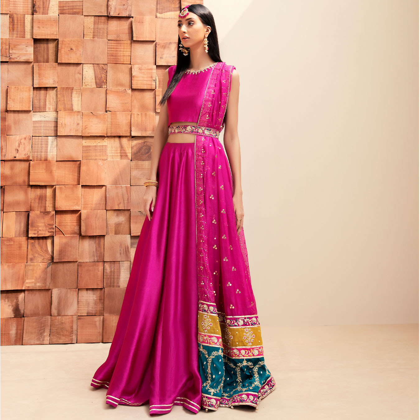 Pakistani Berry Pink Kamdani Tissue Silk Lehenga (4-Piece) - Image 1