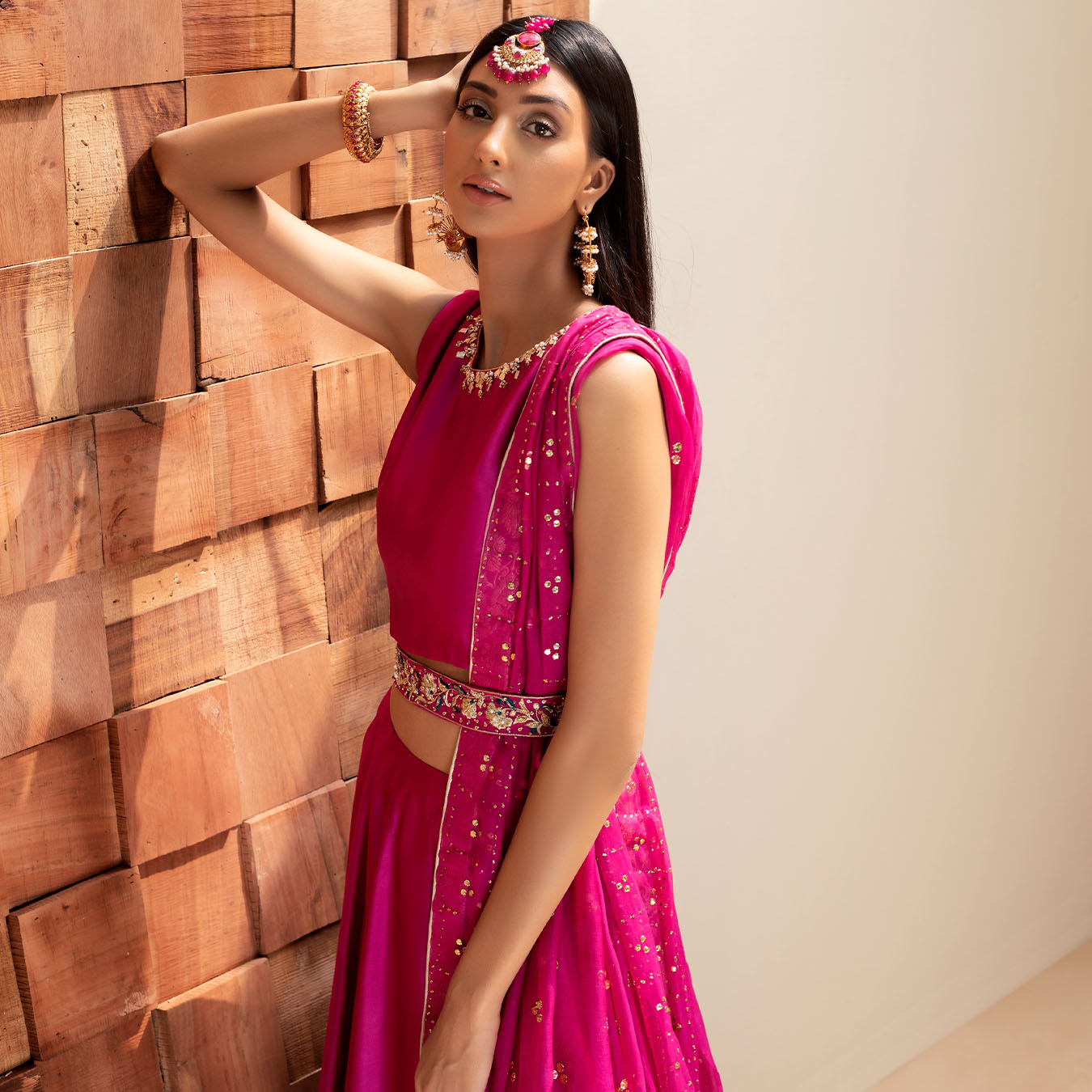 Pakistani Berry Pink Kamdani Tissue Silk Lehenga (4-Piece) - Image 2