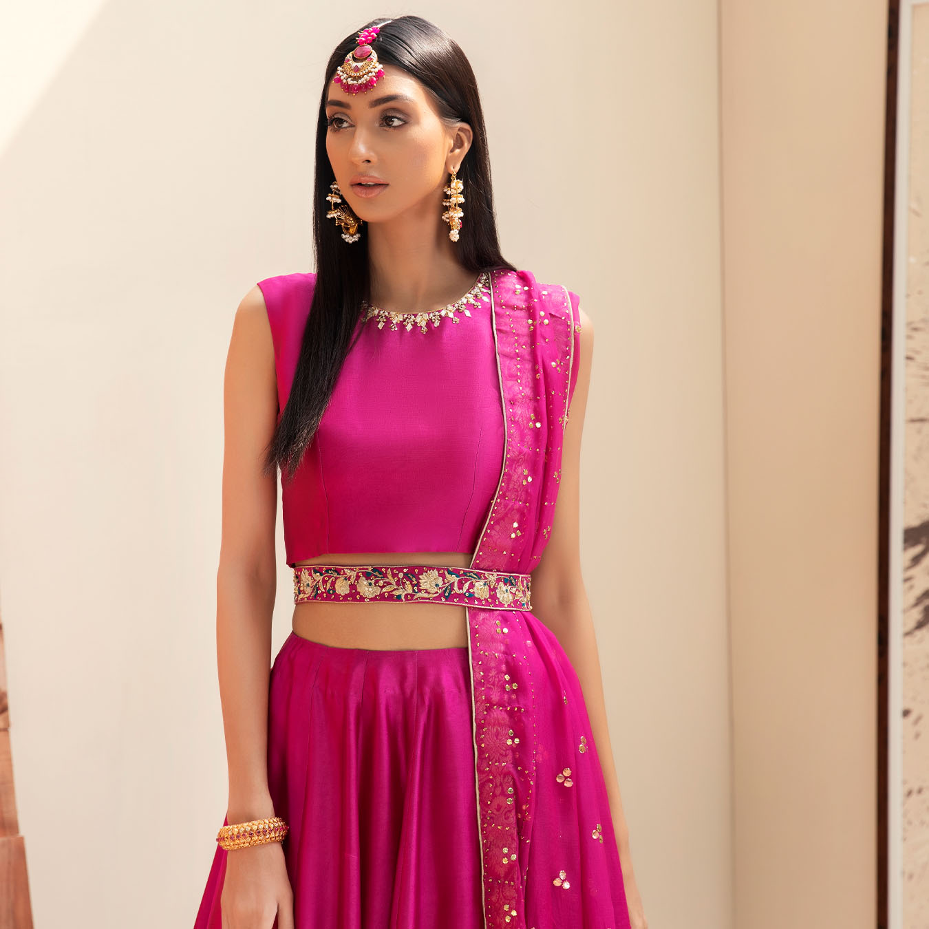 Pakistani Berry Pink Kamdani Tissue Silk Lehenga (4-Piece) - Image 3