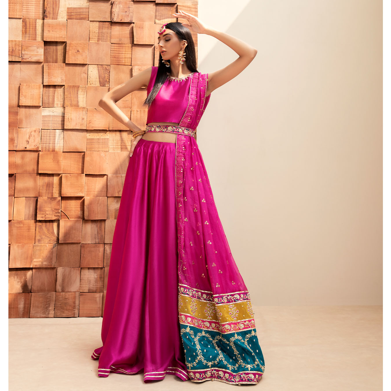 Pakistani Berry Pink Kamdani Tissue Silk Lehenga (4-Piece) - Image 4