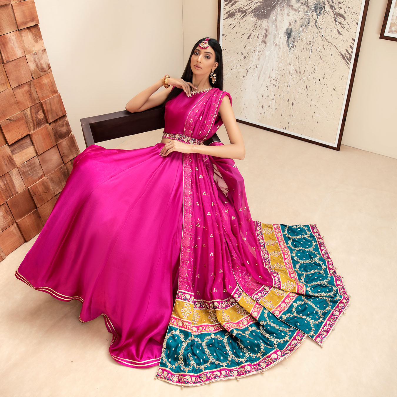 Pakistani Berry Pink Kamdani Tissue Silk Lehenga (4-Piece) - Image 5