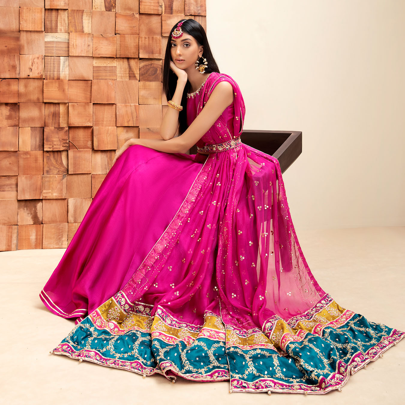 Pakistani Berry Pink Kamdani Tissue Silk Lehenga (4-Piece) - Image 6