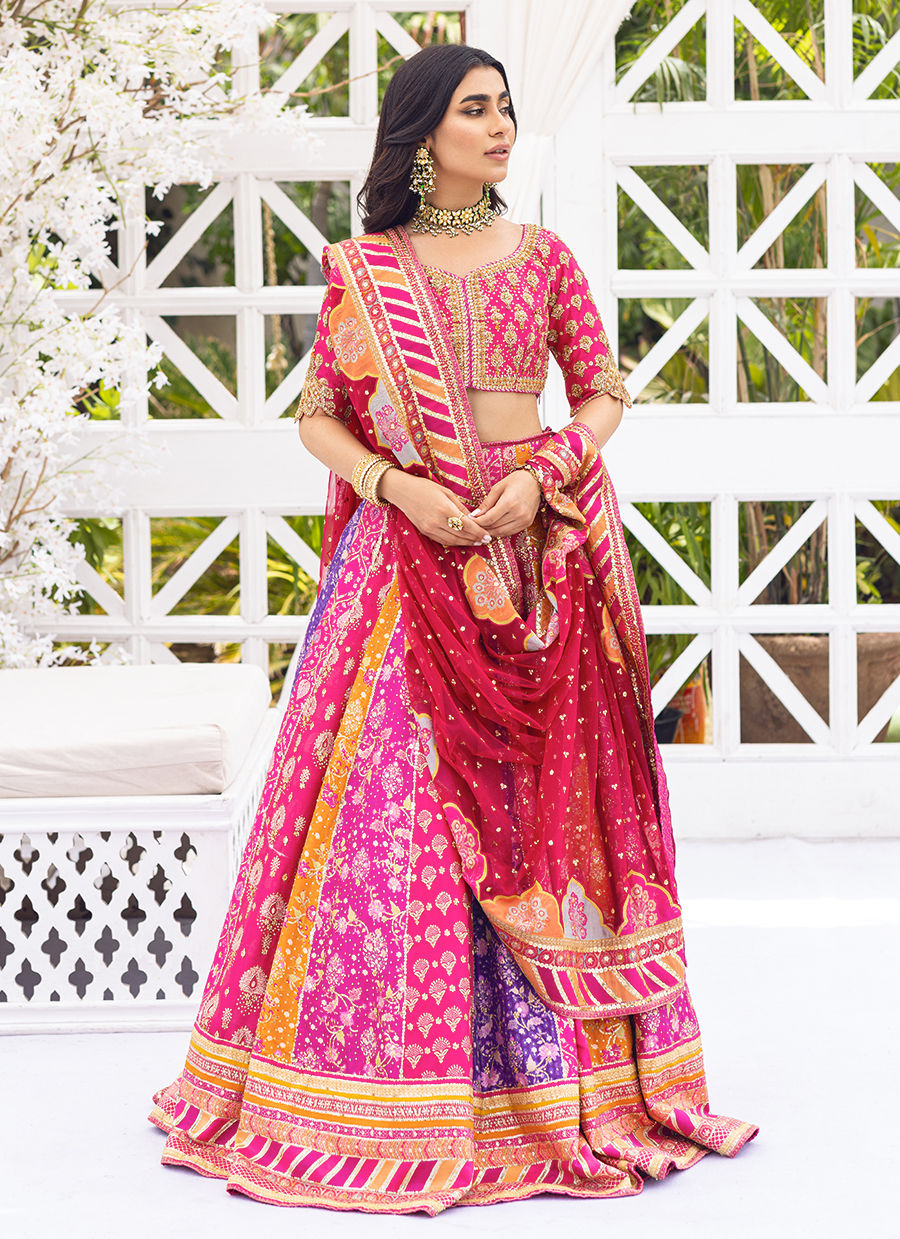 Pakistani Rani Pink Embroidered Tulle & Printed Lehenga Choli (3-Piece) - Image 1