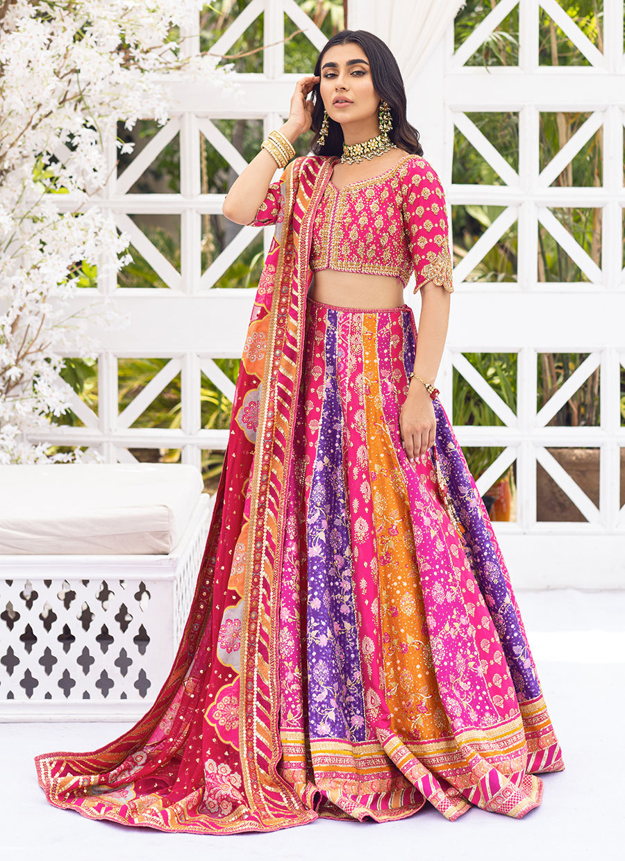 Pakistani Rani Pink Embroidered Tulle & Printed Lehenga Choli (3-Piece) - Image 2