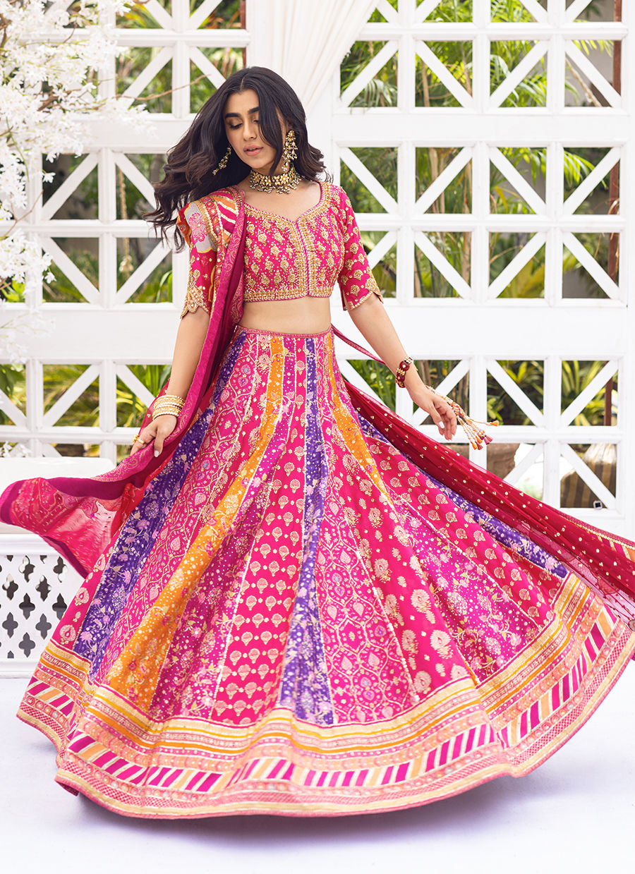Pakistani Rani Pink Embroidered Tulle & Printed Lehenga Choli (3-Piece) - Image 3