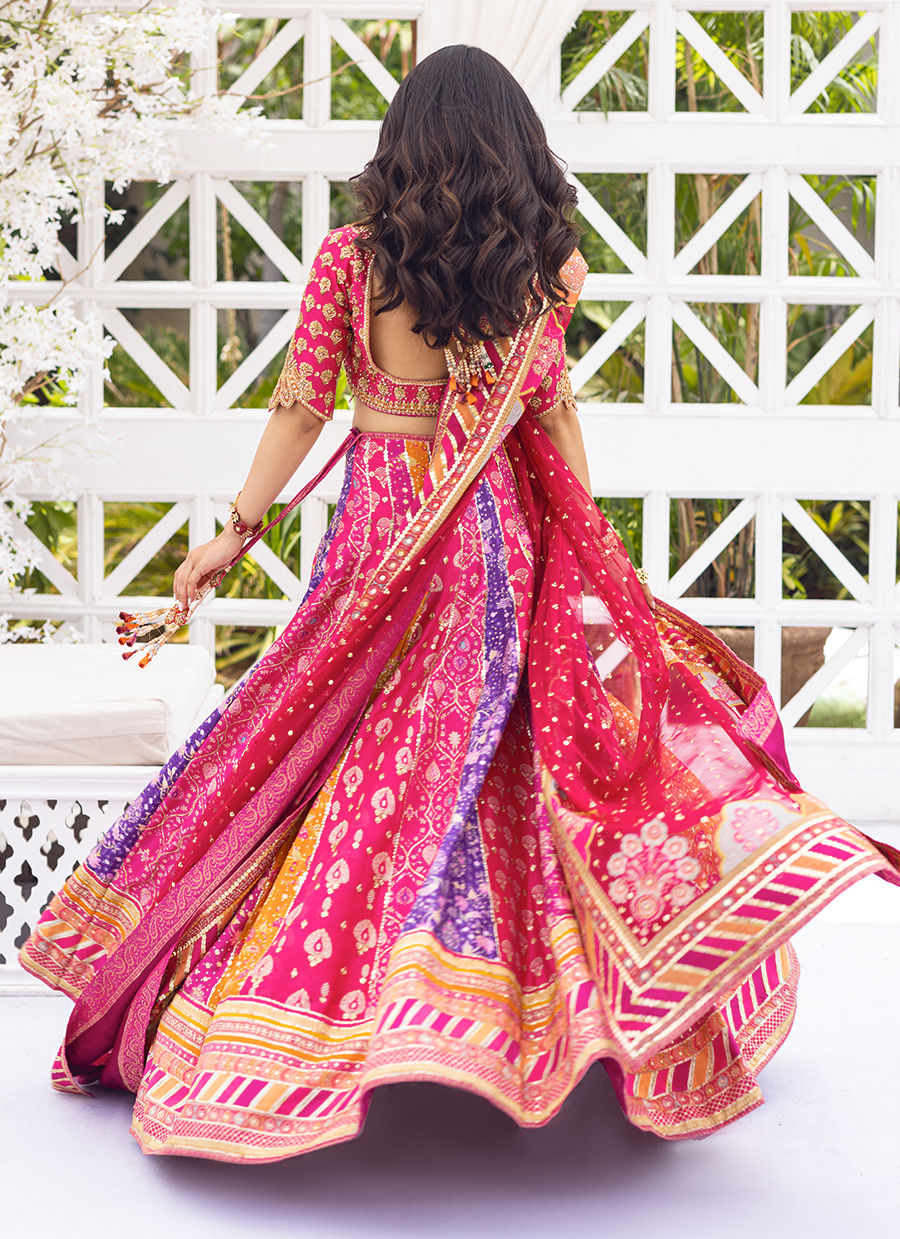 Pakistani Rani Pink Embroidered Tulle & Printed Lehenga Choli (3-Piece) - Image 4
