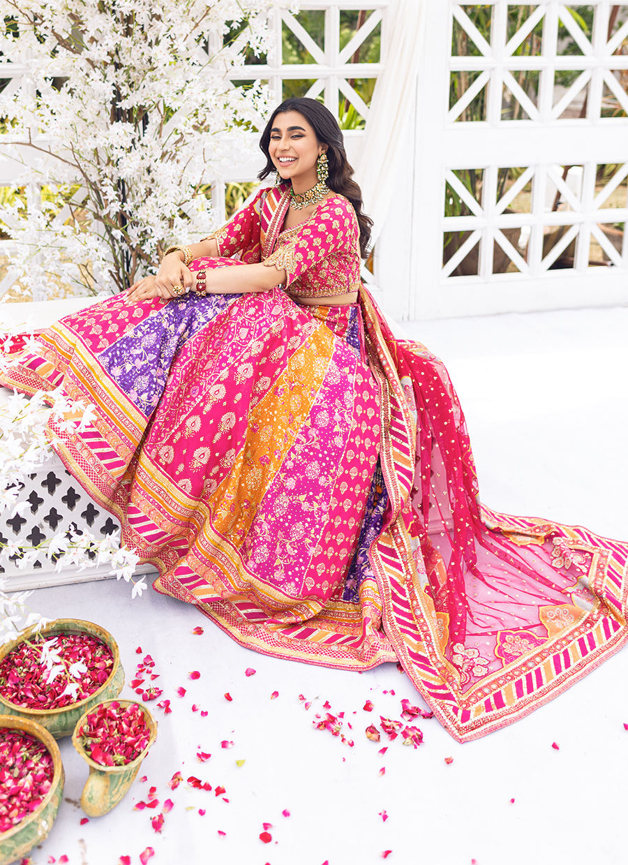 Pakistani Rani Pink Embroidered Tulle & Printed Lehenga Choli (3-Piece) - Image 5