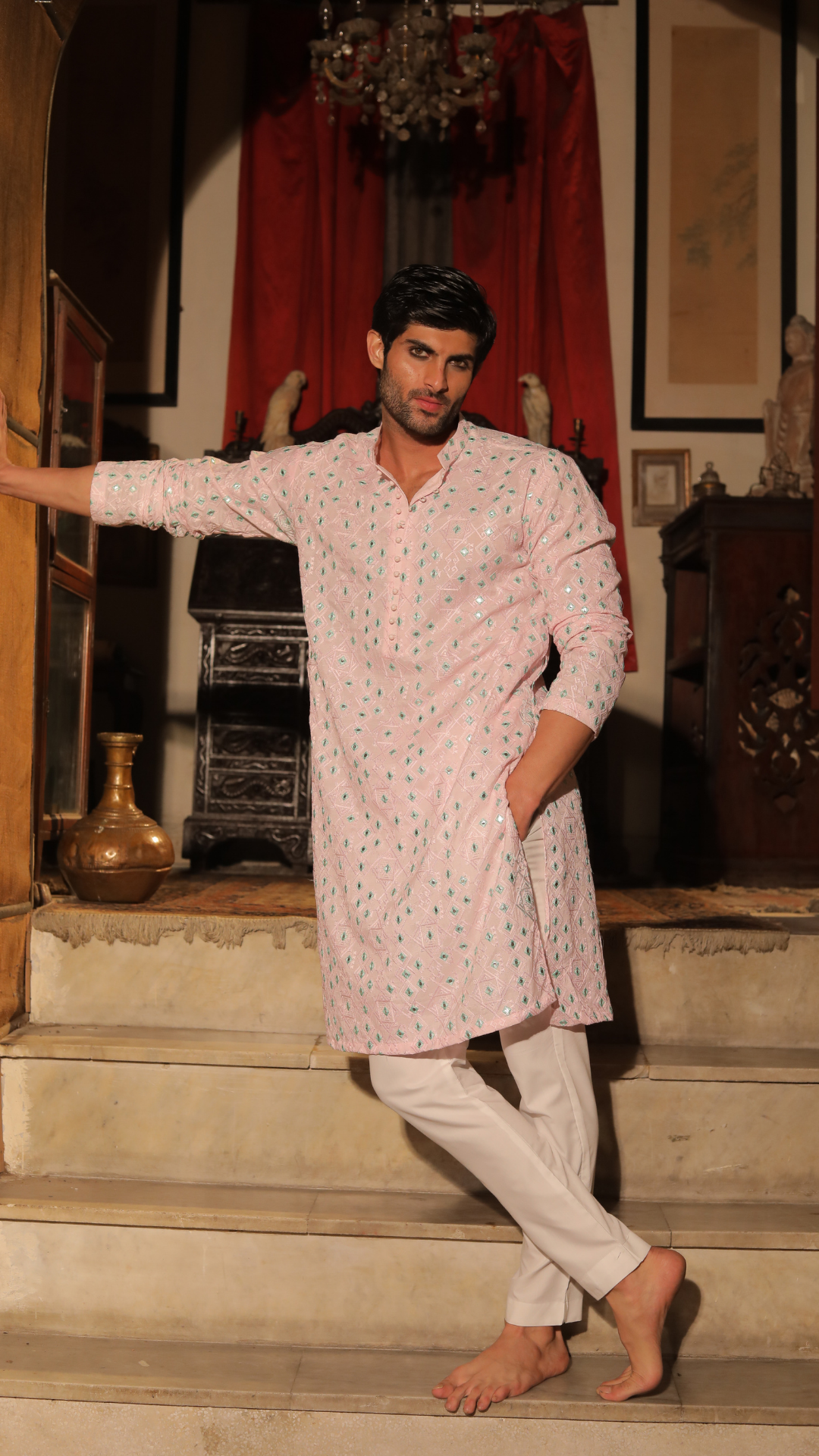Peach Mirror Work Pure Chanderi Kurta Pajama (2-Piece) - Image 1