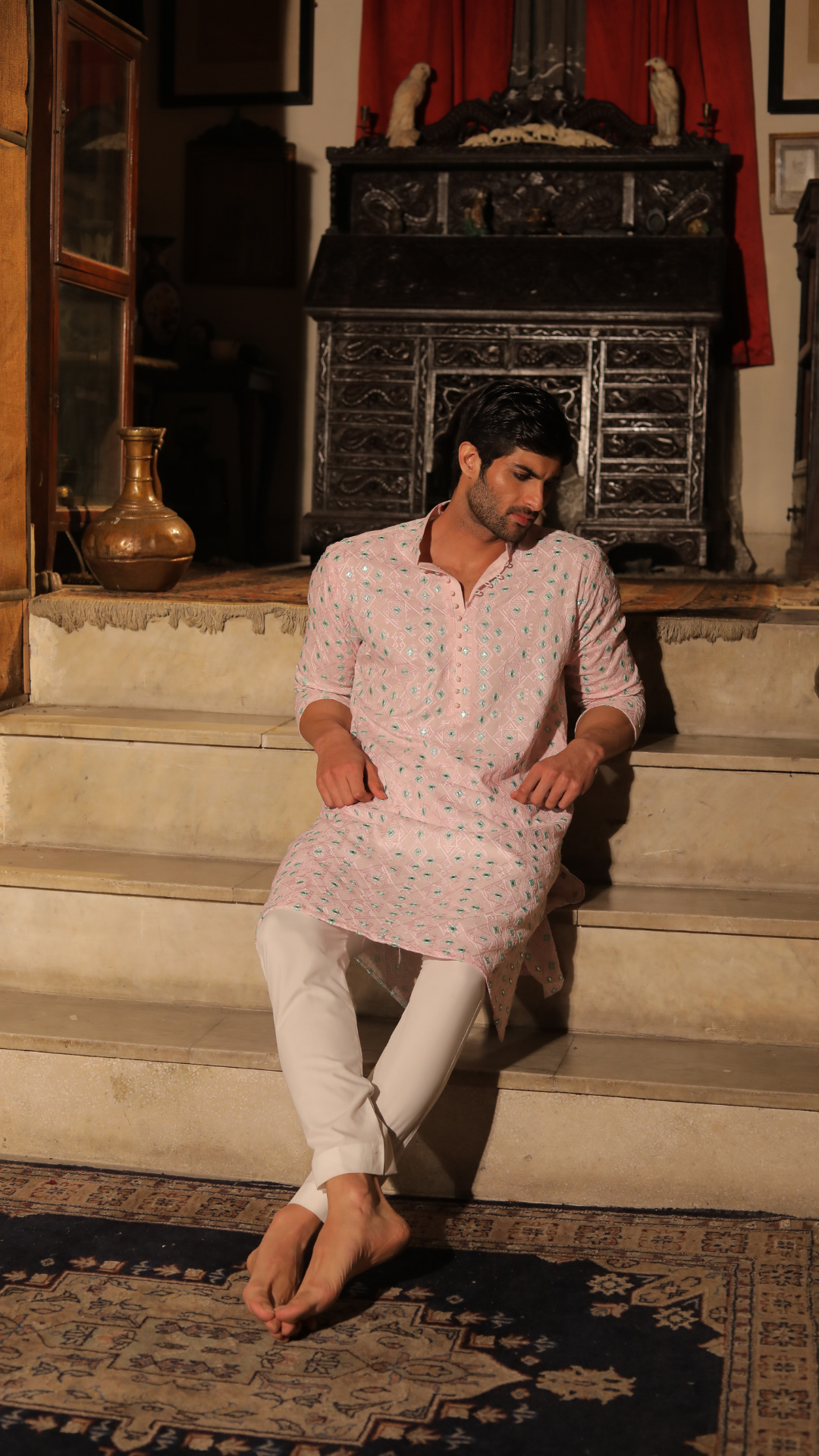 Peach Mirror Work Pure Chanderi Kurta Pajama (2-Piece) - Image 3