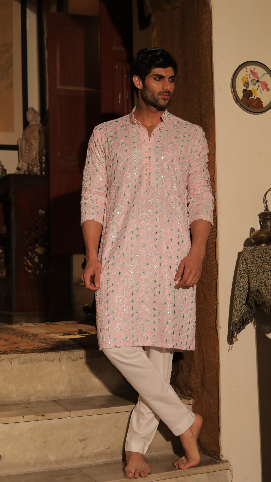 Peach Mirror Work Pure Chanderi Kurta Pajama (2-Piece) - Image 5