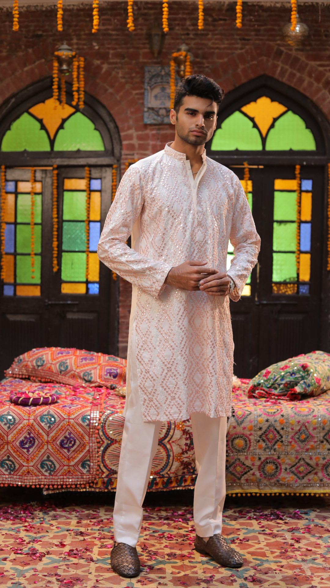Peach Mirror Work Chanderi Kurta Set (2-Piece) - Image 3