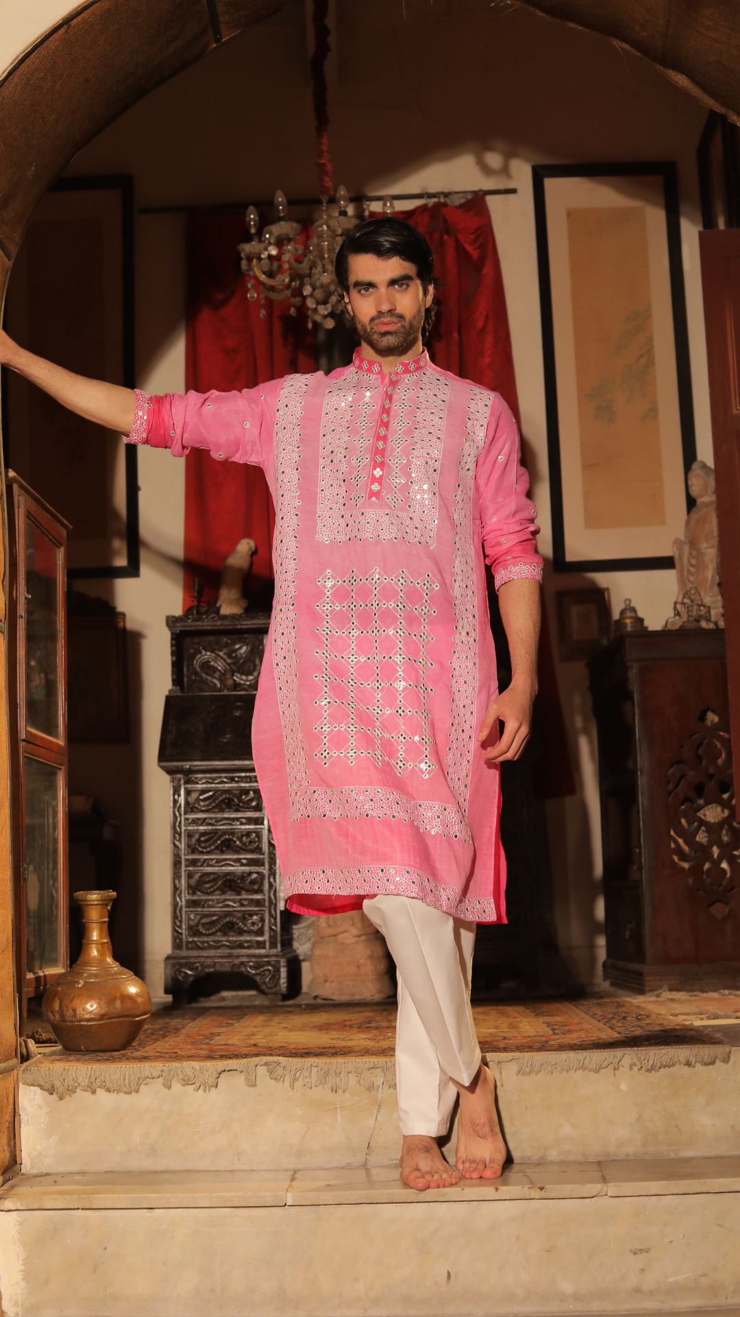 Pink Mirror Work Chanderi Kurta (2-Piece) - Image 1