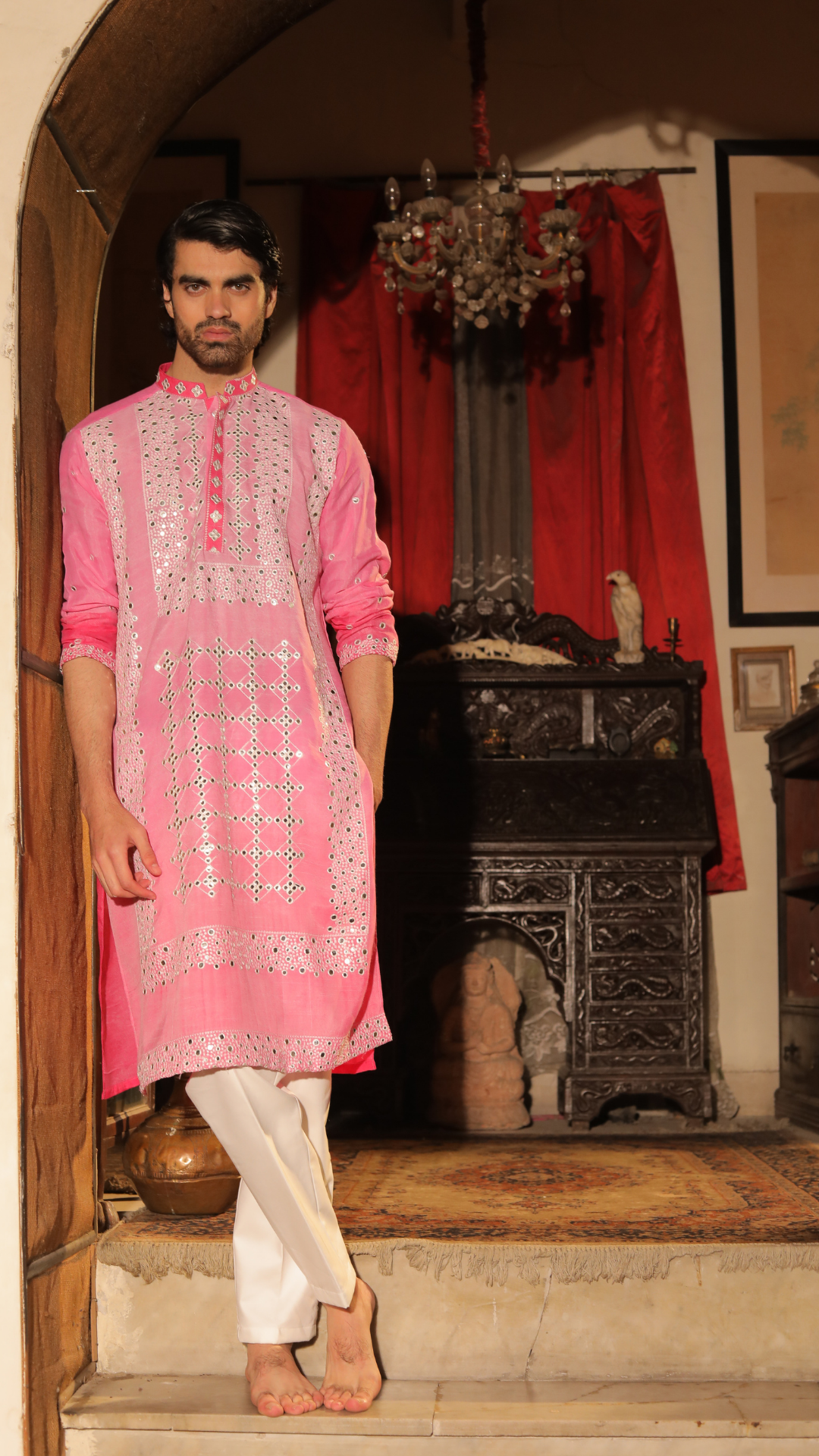 Pink Mirror Work Chanderi Kurta (2-Piece) - Image 2