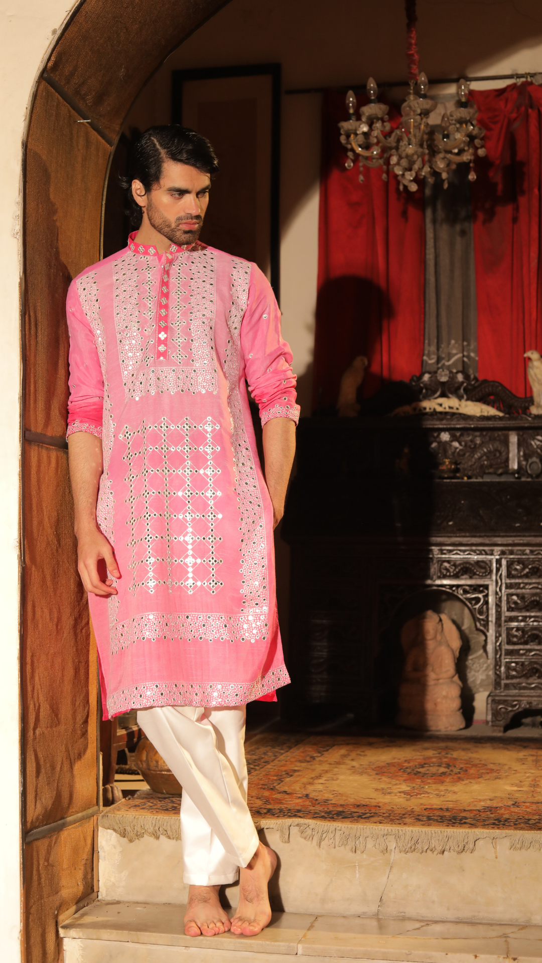 Pink Mirror Work Chanderi Kurta (2-Piece) - Image 3