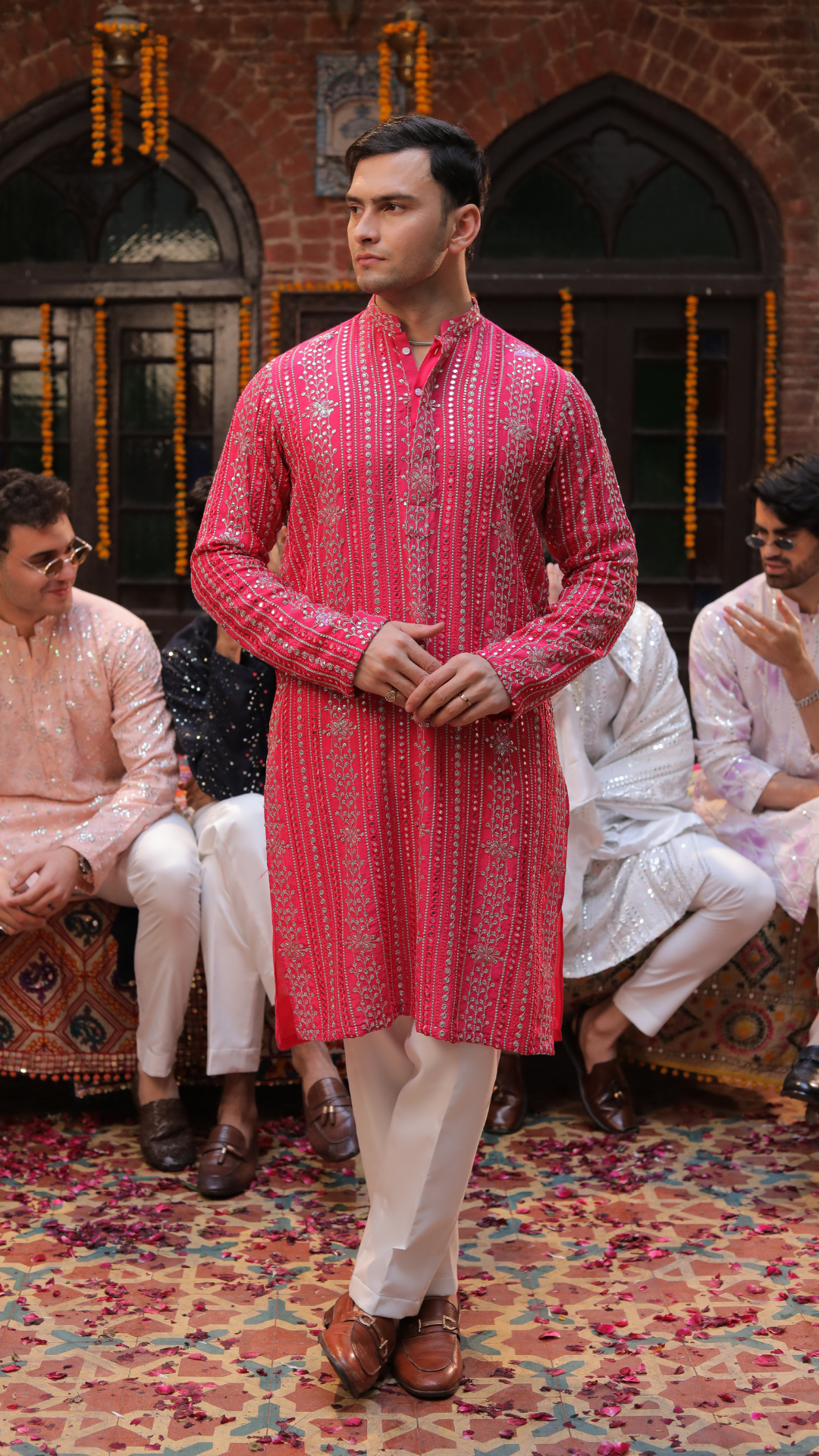 Pink Chanderi Embroidered Kurta Pajama (2-Piece) - Image 3