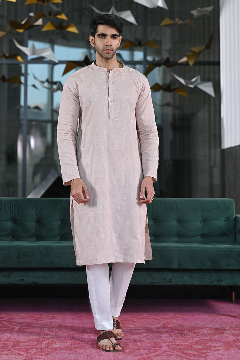 Dusty Pink Schiffli Embroidered Cotton-Blend Kurta (2-Piece) - Image 1