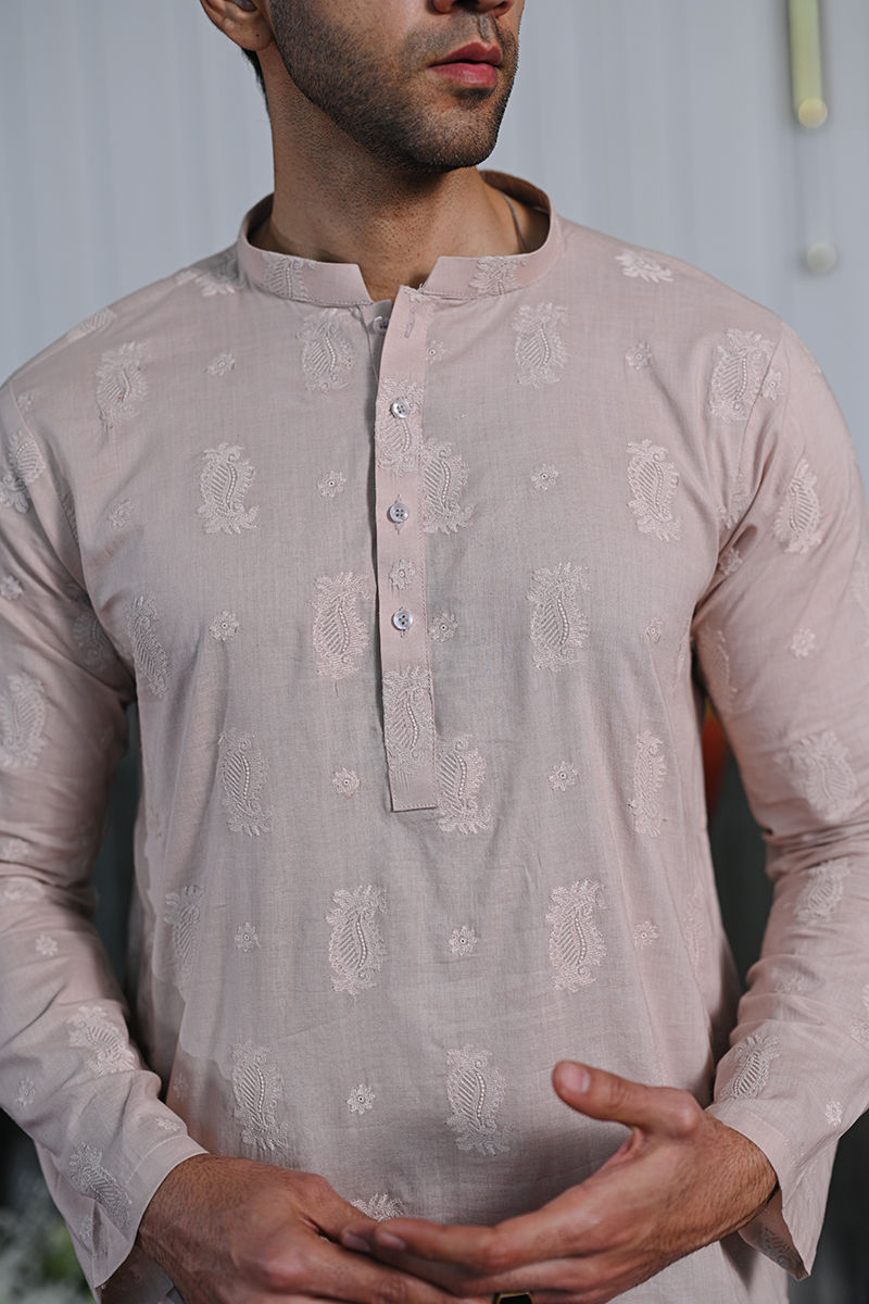 Dusty Pink Schiffli Embroidered Cotton-Blend Kurta (2-Piece) - Image 3