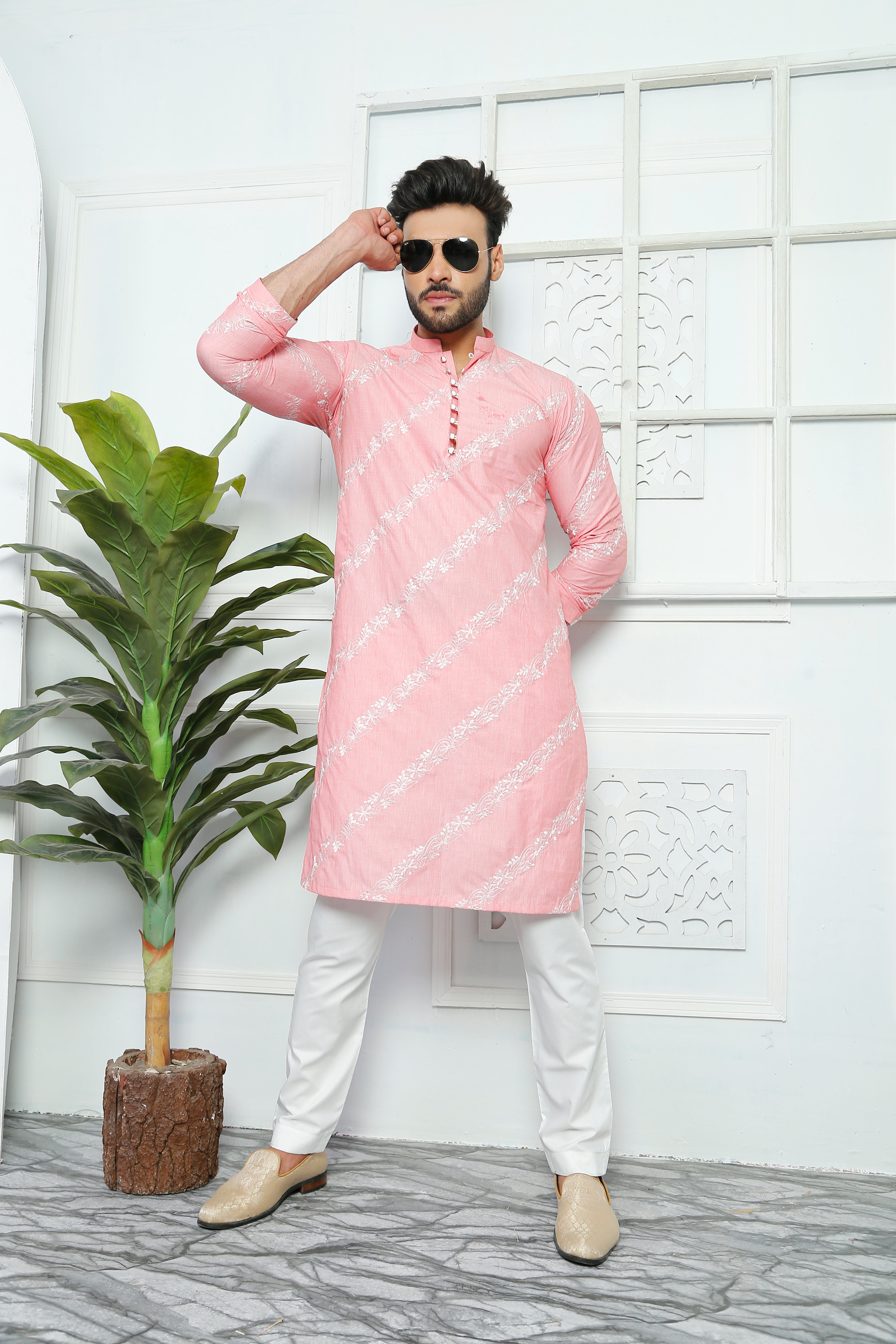 Pastel Pink Embroidered Cotton Kurta (2-Piece) - Image 1