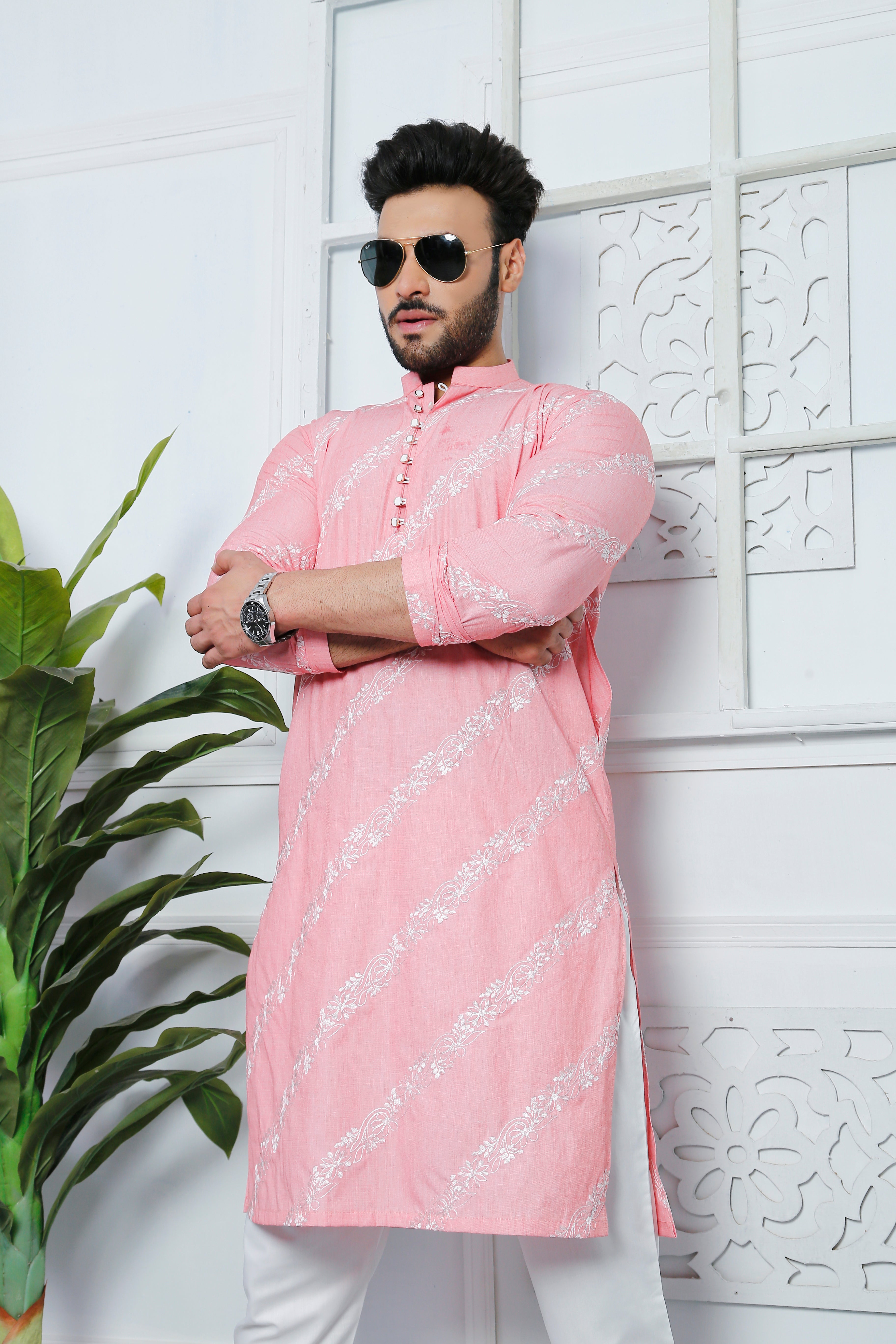 Pastel Pink Embroidered Cotton Kurta (2-Piece) - Image 2