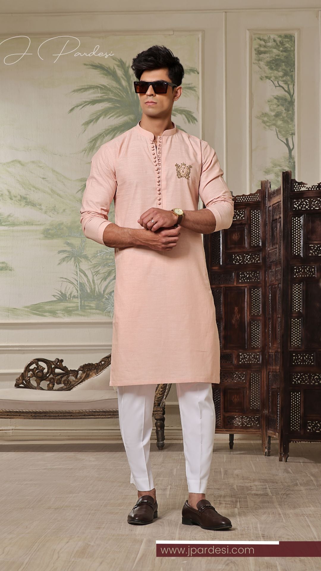 Blush Pink Hand-Embroidered Cotton Linen Kurta (1-Pc) - Image 1