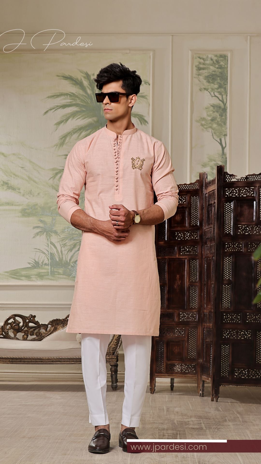 Blush Pink Hand-Embroidered Cotton Linen Kurta (1-Pc) - Image 2