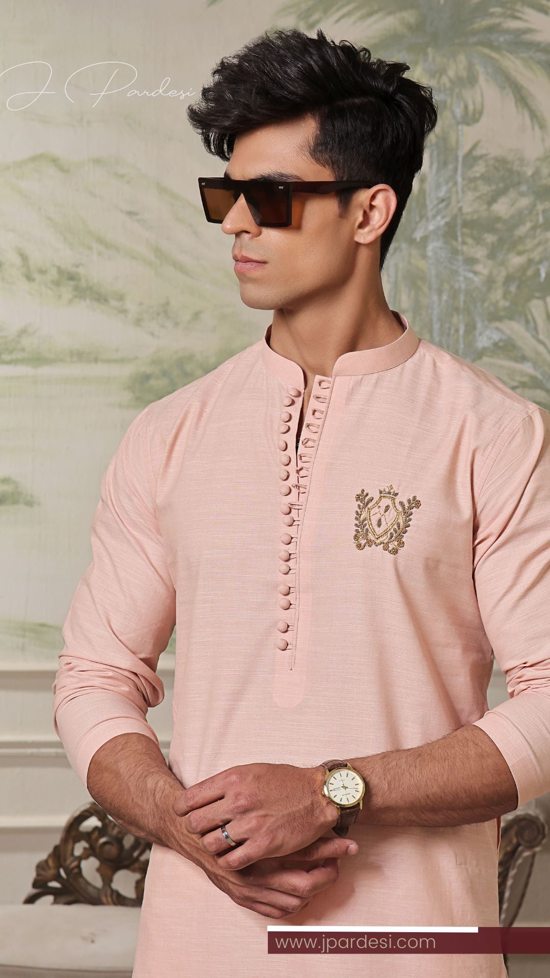 Blush Pink Hand-Embroidered Cotton Linen Kurta (1-Pc) - Image 3