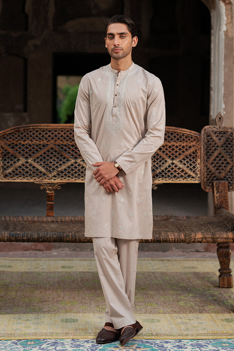 Salmon Pink Embroidered Cotton Kurta Pajama (2-Piece) - Image 1