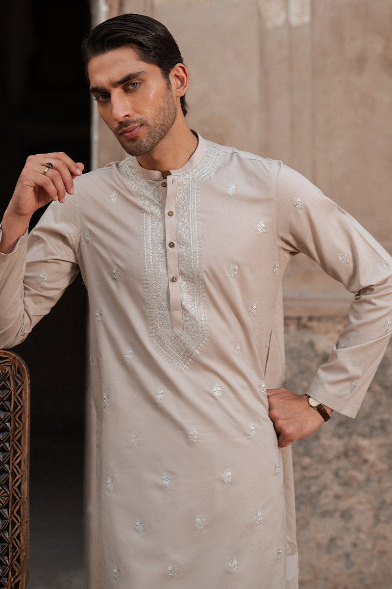 Salmon Pink Embroidered Cotton Kurta Pajama (2-Piece) - Image 5