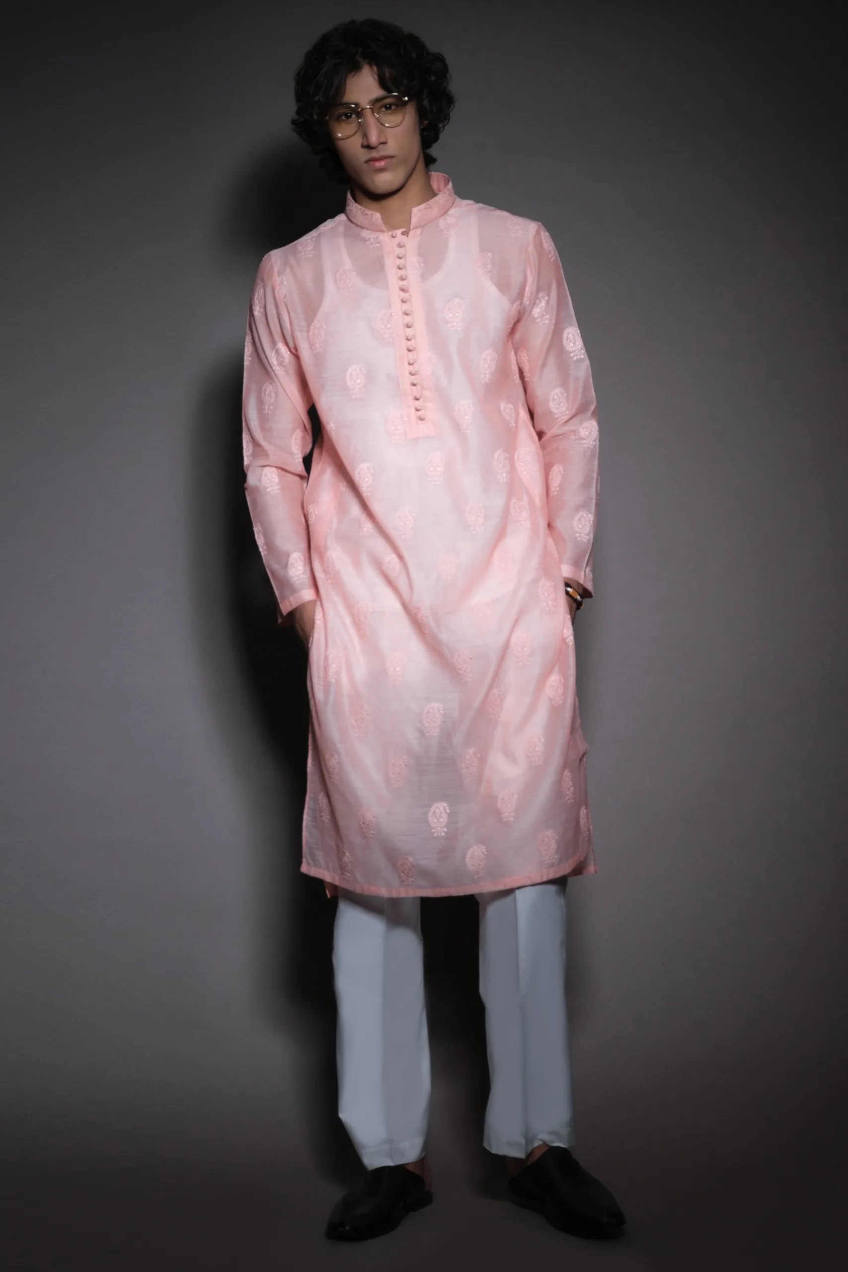 Soft Pink Embroidered Cotton-Silk Kurta (2-Piece) - Image 1