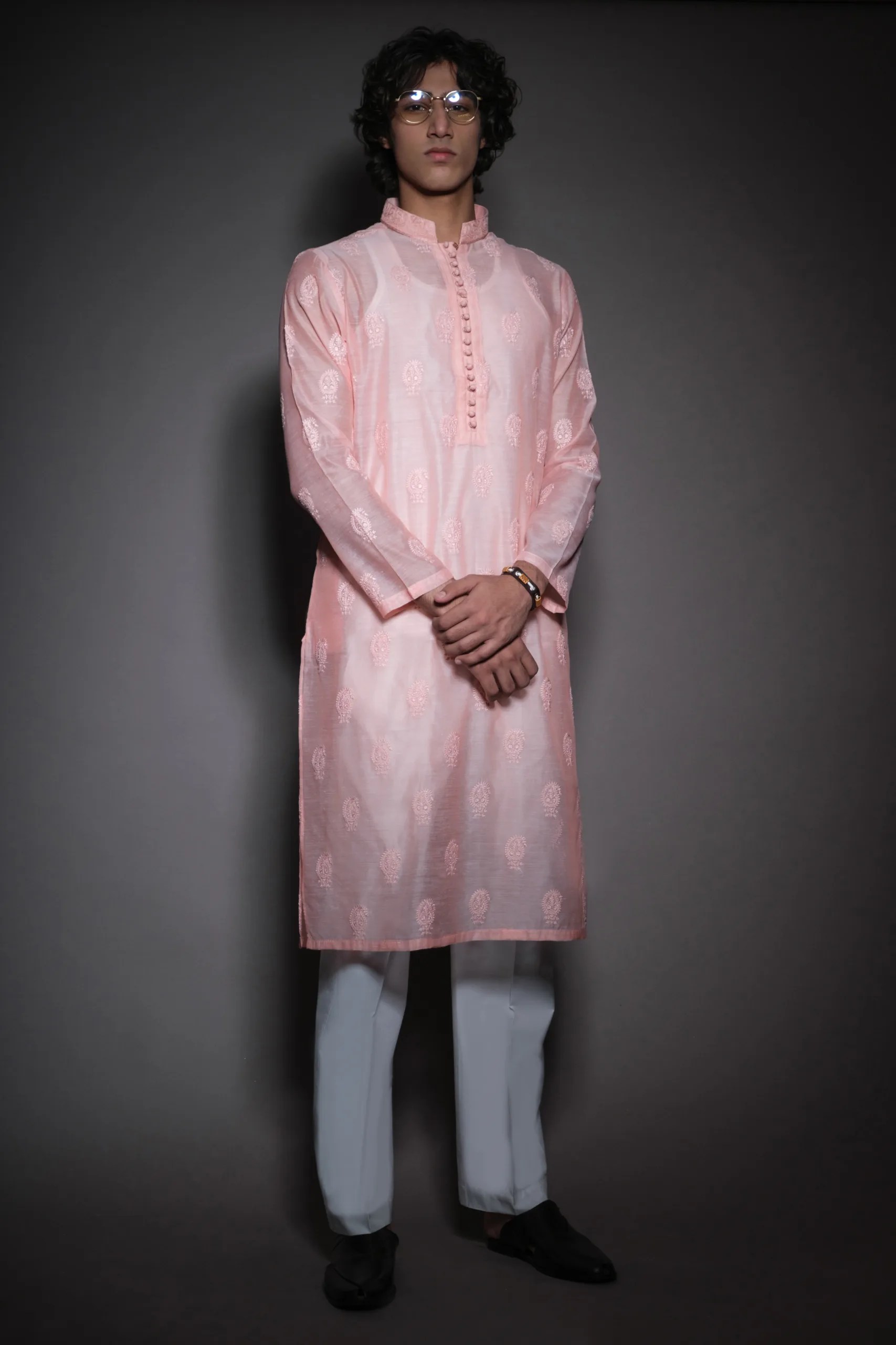 Soft Pink Embroidered Cotton-Silk Kurta (2-Piece) - Image 3