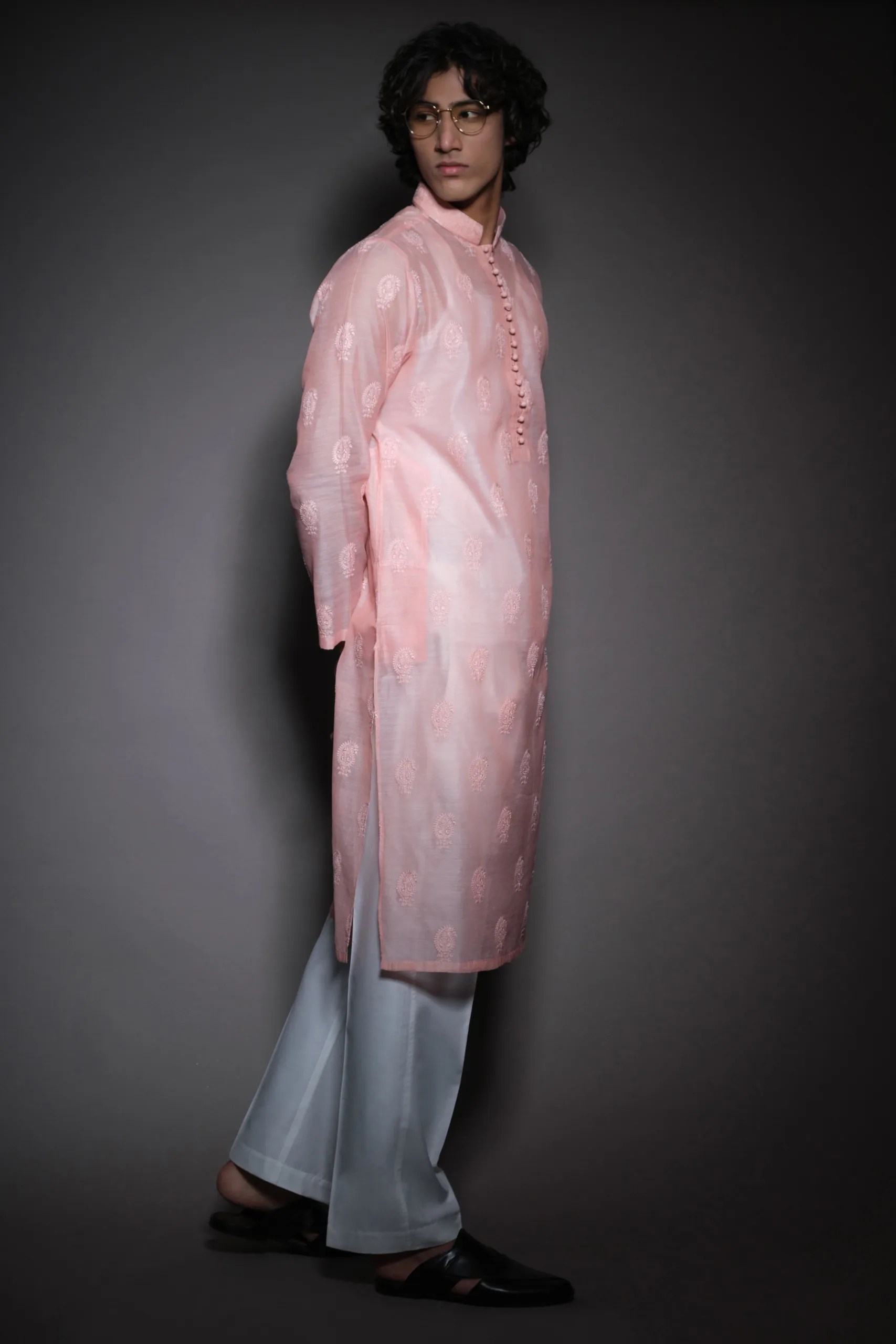 Soft Pink Embroidered Cotton-Silk Kurta (2-Piece) - Image 4