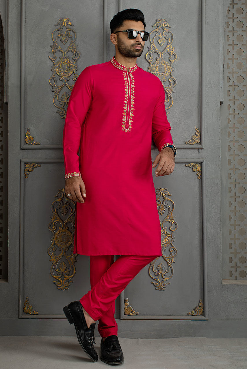 Hot Pink Embroidered Cotton Silk Kurta Pajama (2-Piece) - Image 1