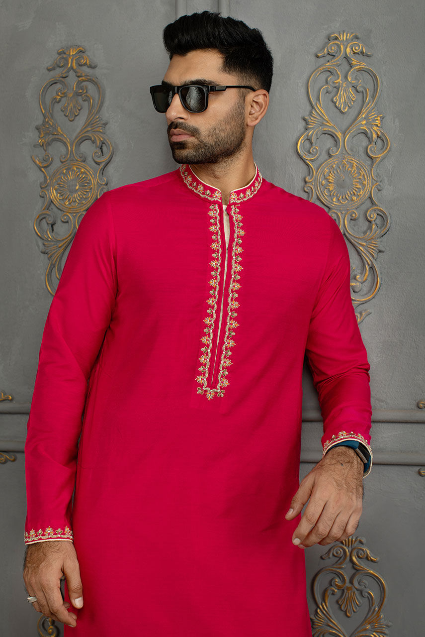 Hot Pink Embroidered Cotton Silk Kurta Pajama (2-Piece) - Image 2