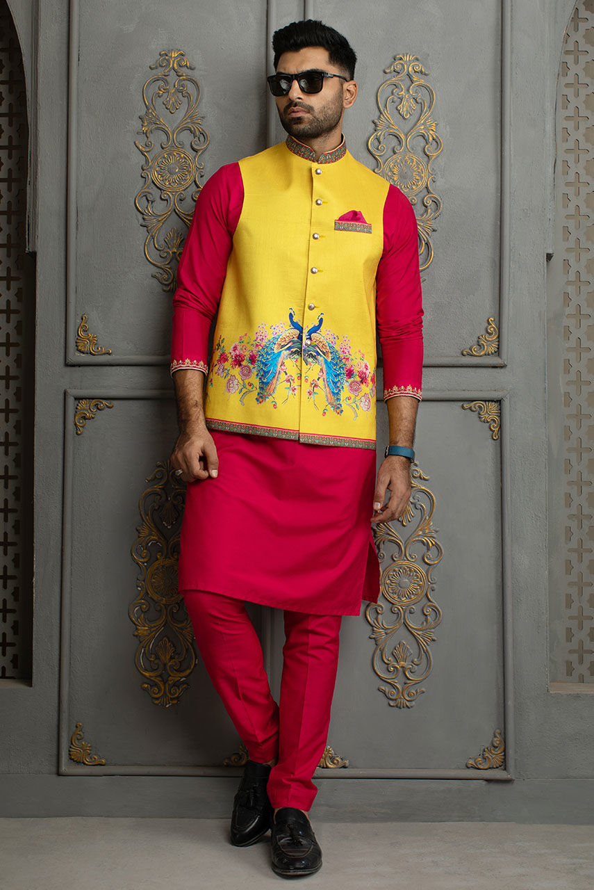 Hot Pink Embroidered Cotton Silk Kurta Pajama (2-Piece) - Image 3