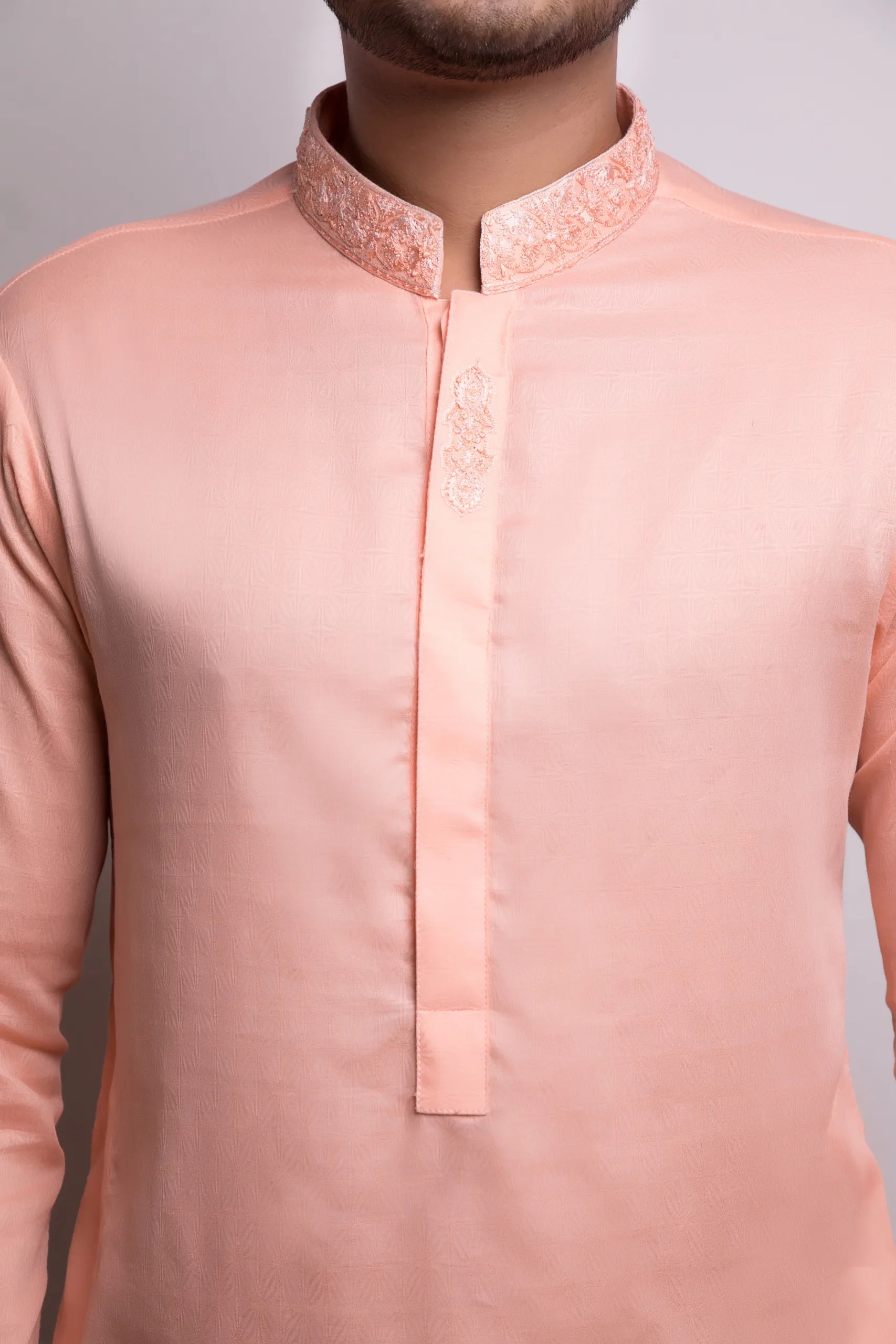 Peach Embroidered Cotton-Silk Kurta (2-Piece) - Image 3