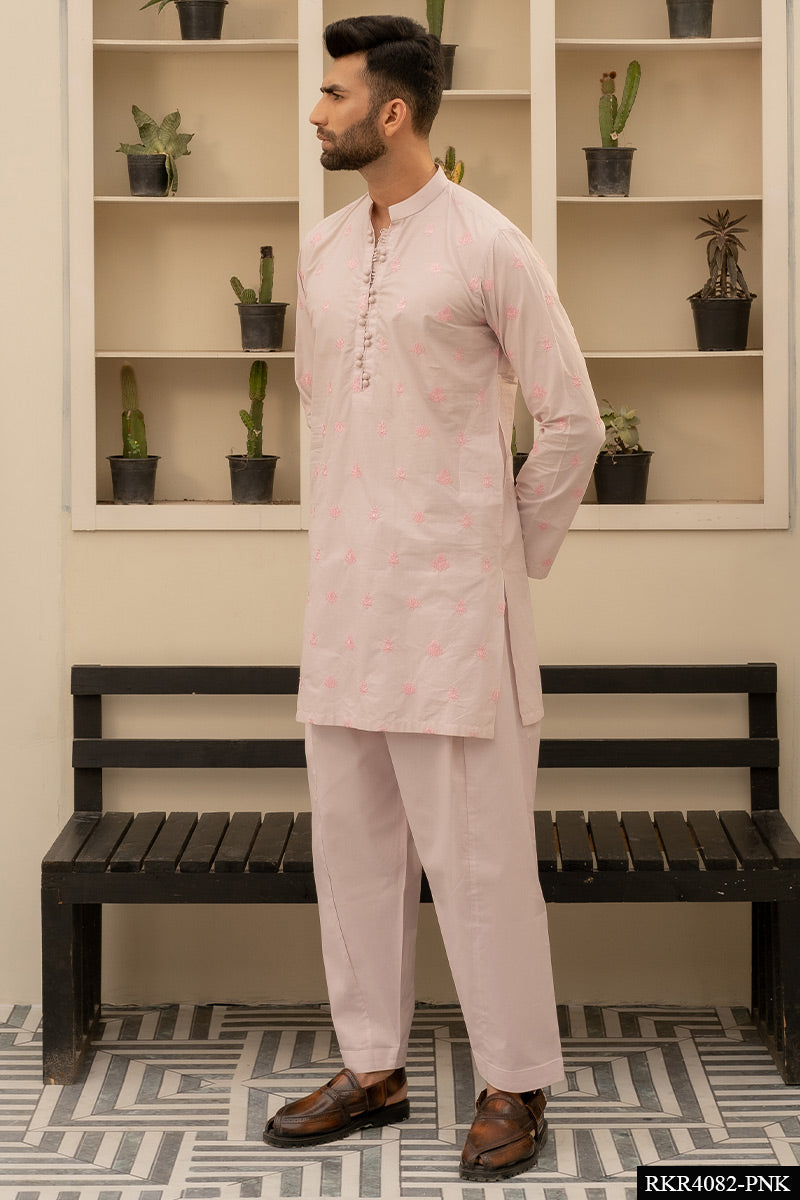 Soft Pink Embroidered Cotton Kurta (2-Piece) - Image 1