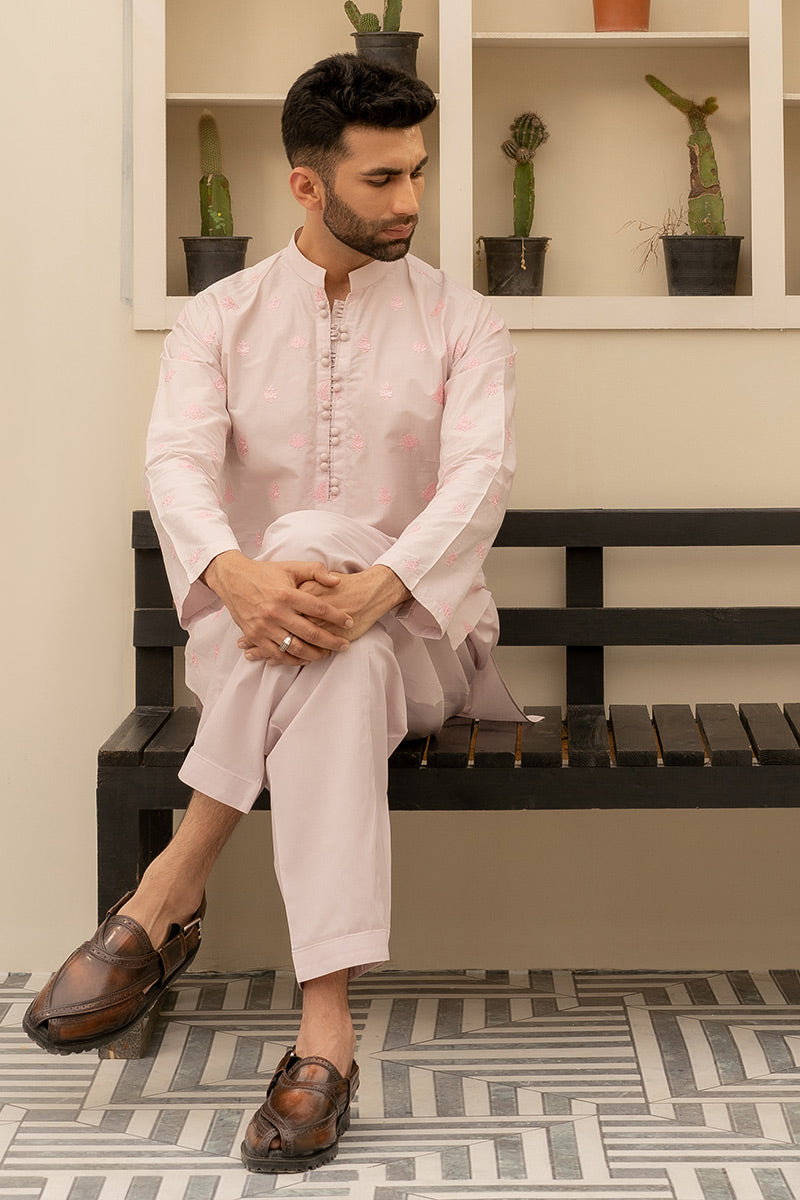 Soft Pink Embroidered Cotton Kurta (2-Piece) - Image 2