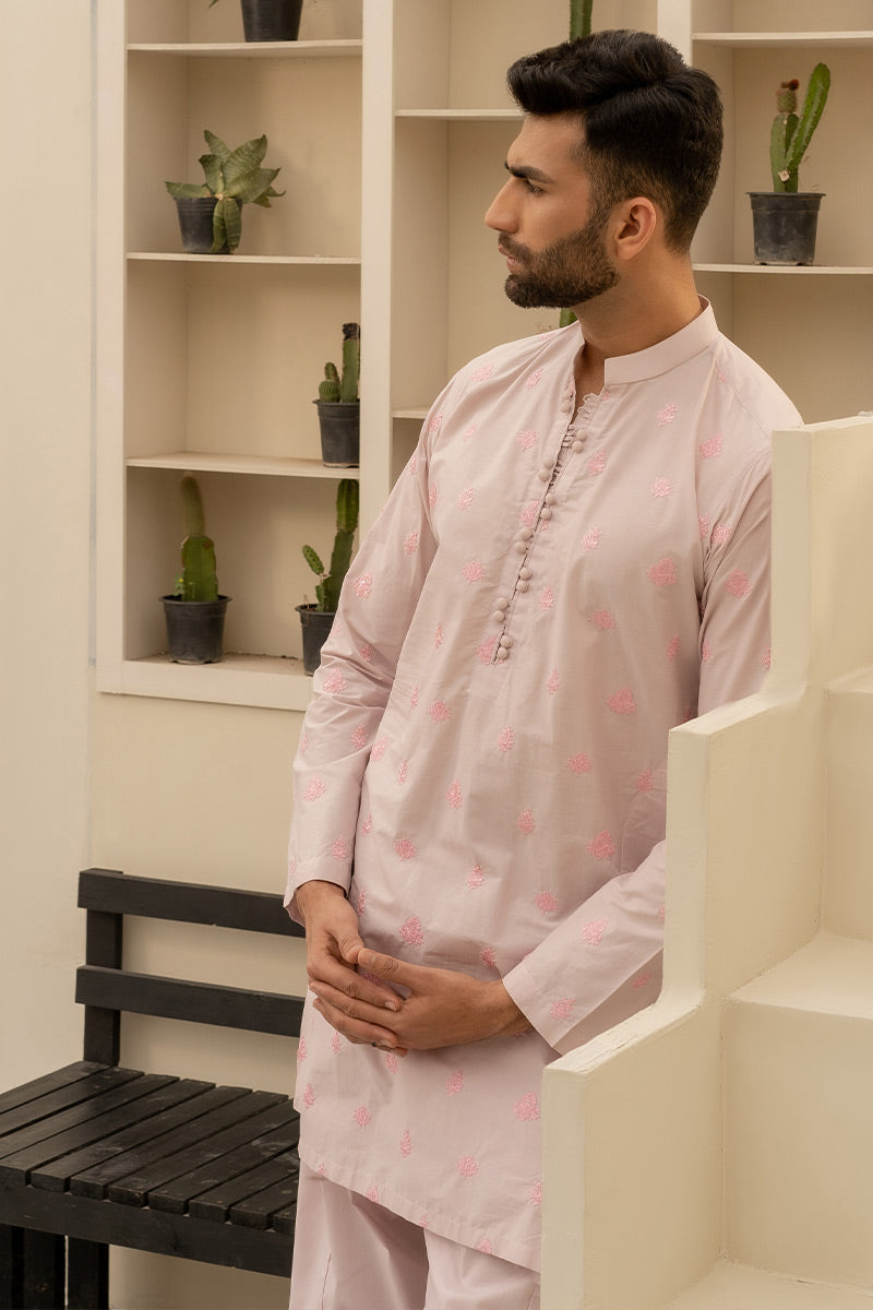Soft Pink Embroidered Cotton Kurta (2-Piece) - Image 3