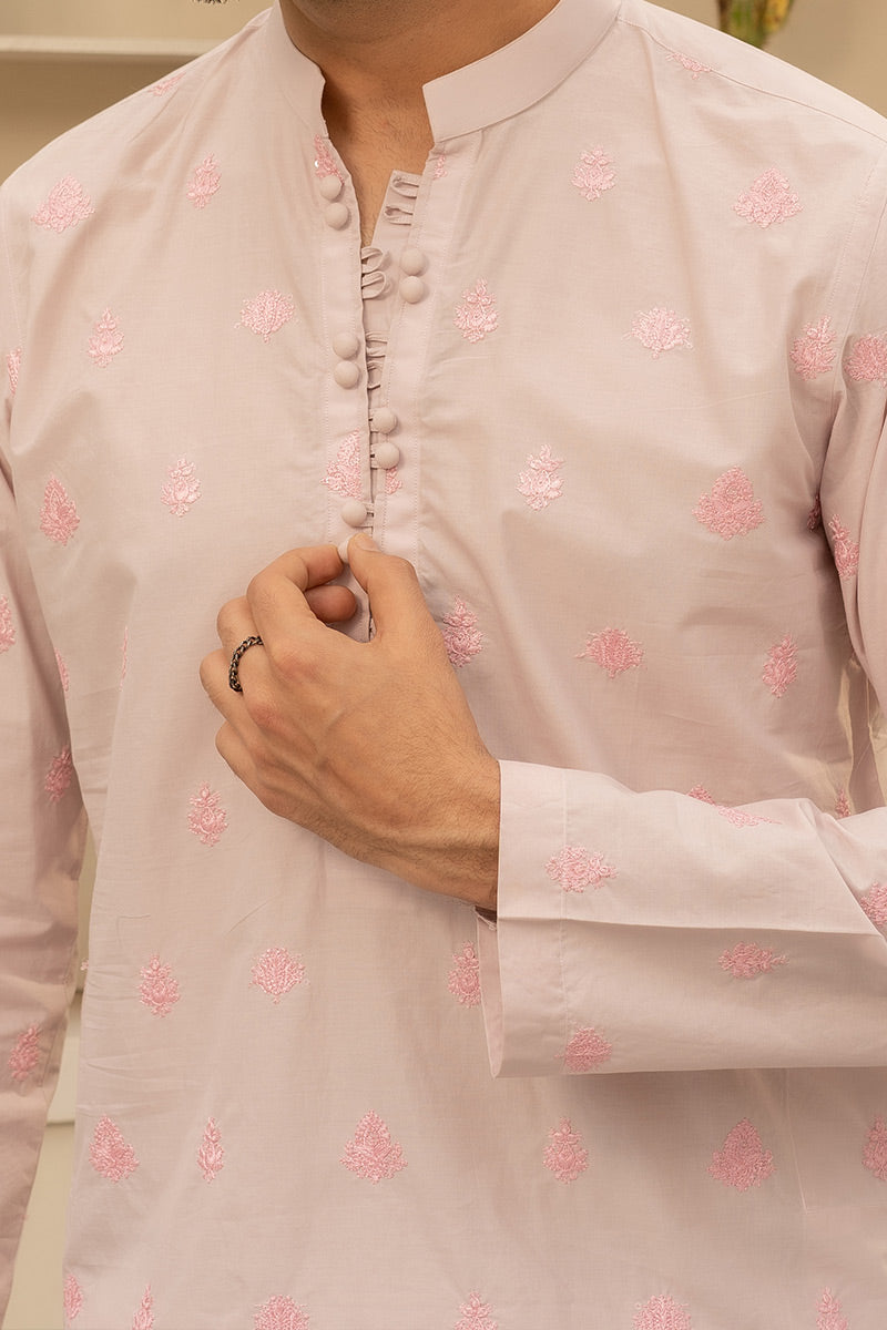 Soft Pink Embroidered Cotton Kurta (2-Piece) - Image 4